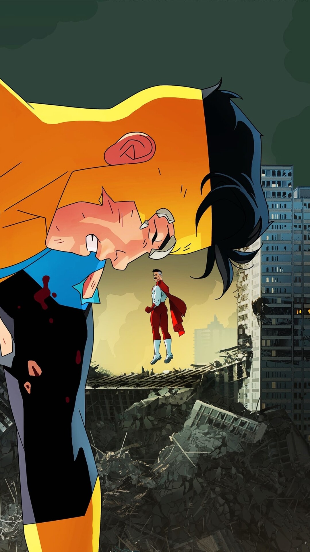 Omni-Man punching Invincible, Mark Grayson hovering, Destroyed city rubble Omni-Man punching Invincible, Mark Grayson hovering, Destroyed city rubble — 1080×1920 HD wallpaper