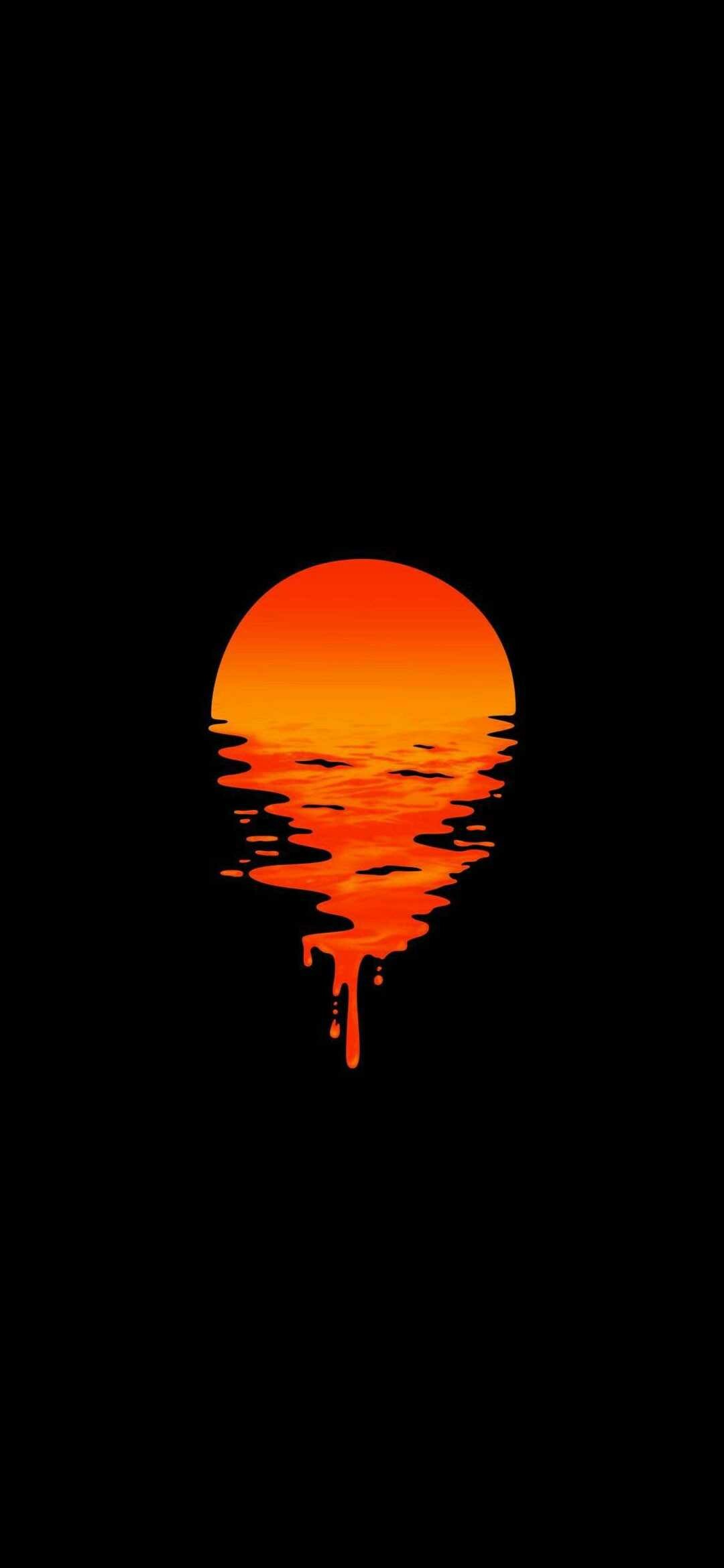 Orange dripping sun, Reflected ocean horizon, Minimalist black backdrop Orange dripping sun, Reflected ocean horizon, Minimalist black backdrop — 1080×2340 HD wallpaper