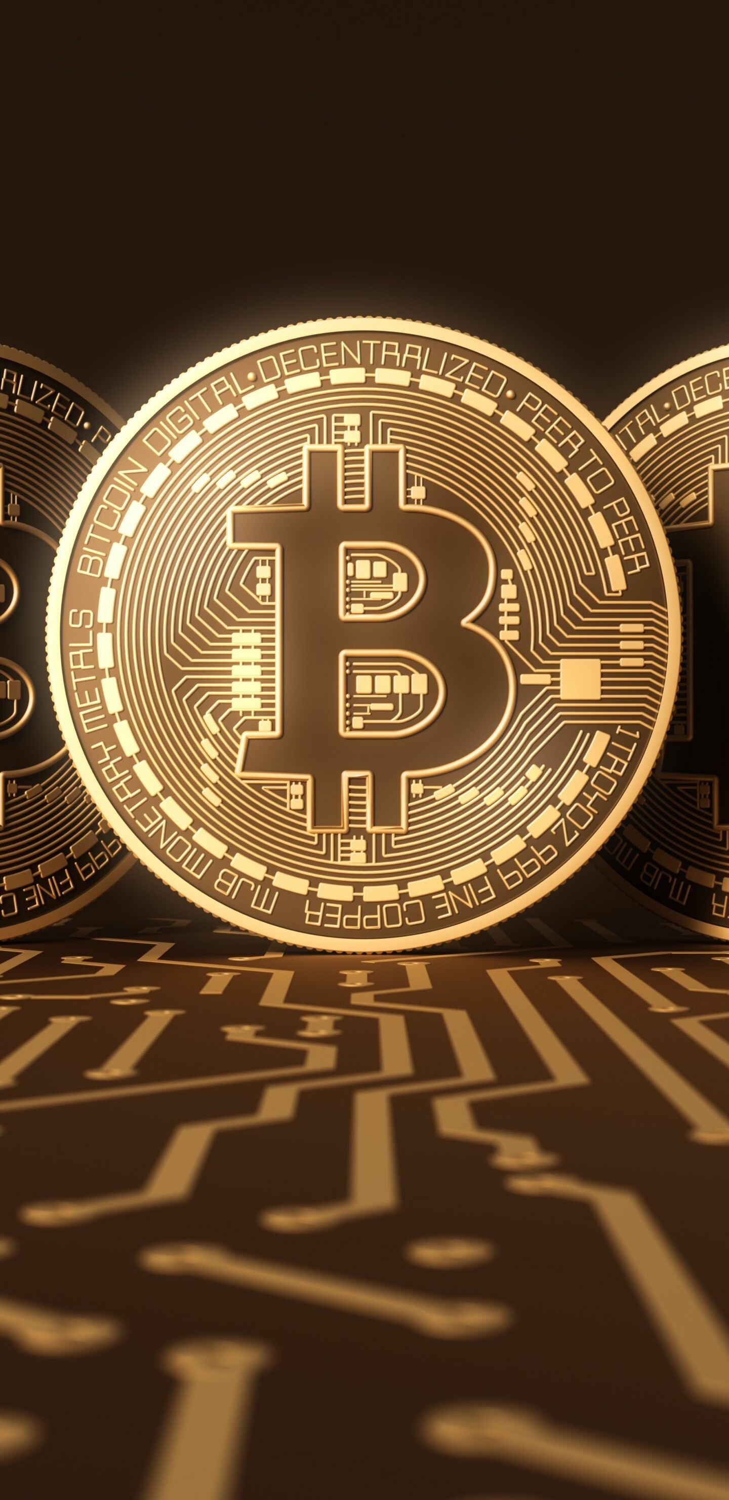 Bitcoin physical coins, Decentralized Peer to Peer, Circuit board surface — 1440×2960 HD wallpaper