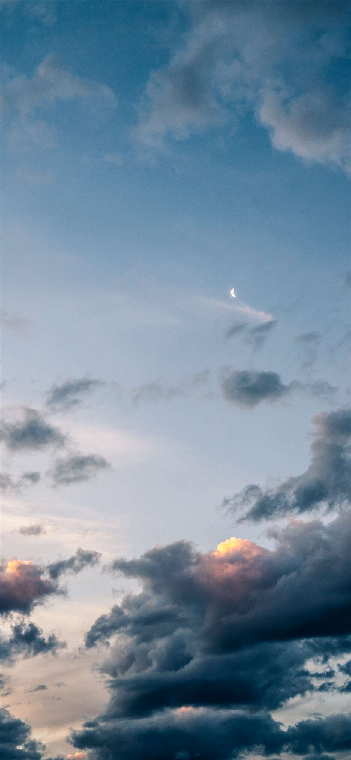 Crescent moon, Dusk cumulus clouds, Blue twilight sky Crescent moon, Dusk cumulus clouds, Blue twilight sky — 1170×2532 HD wallpaper