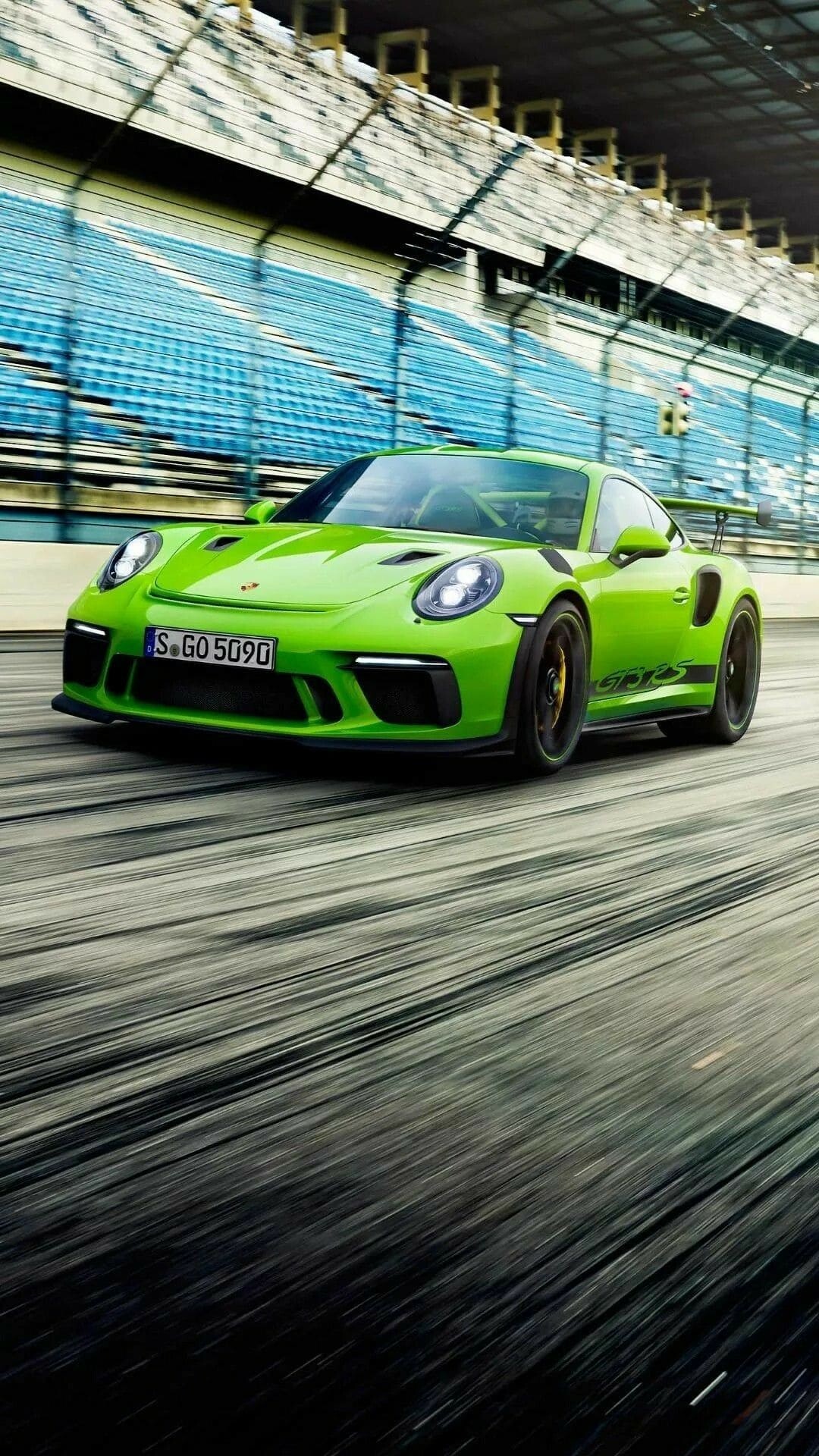 911 GT3 RS, Lizard green paint, Racetrack grandstands 911 GT3 RS, Lizard green paint, Racetrack grandstands — 1080×1920 HD wallpaper