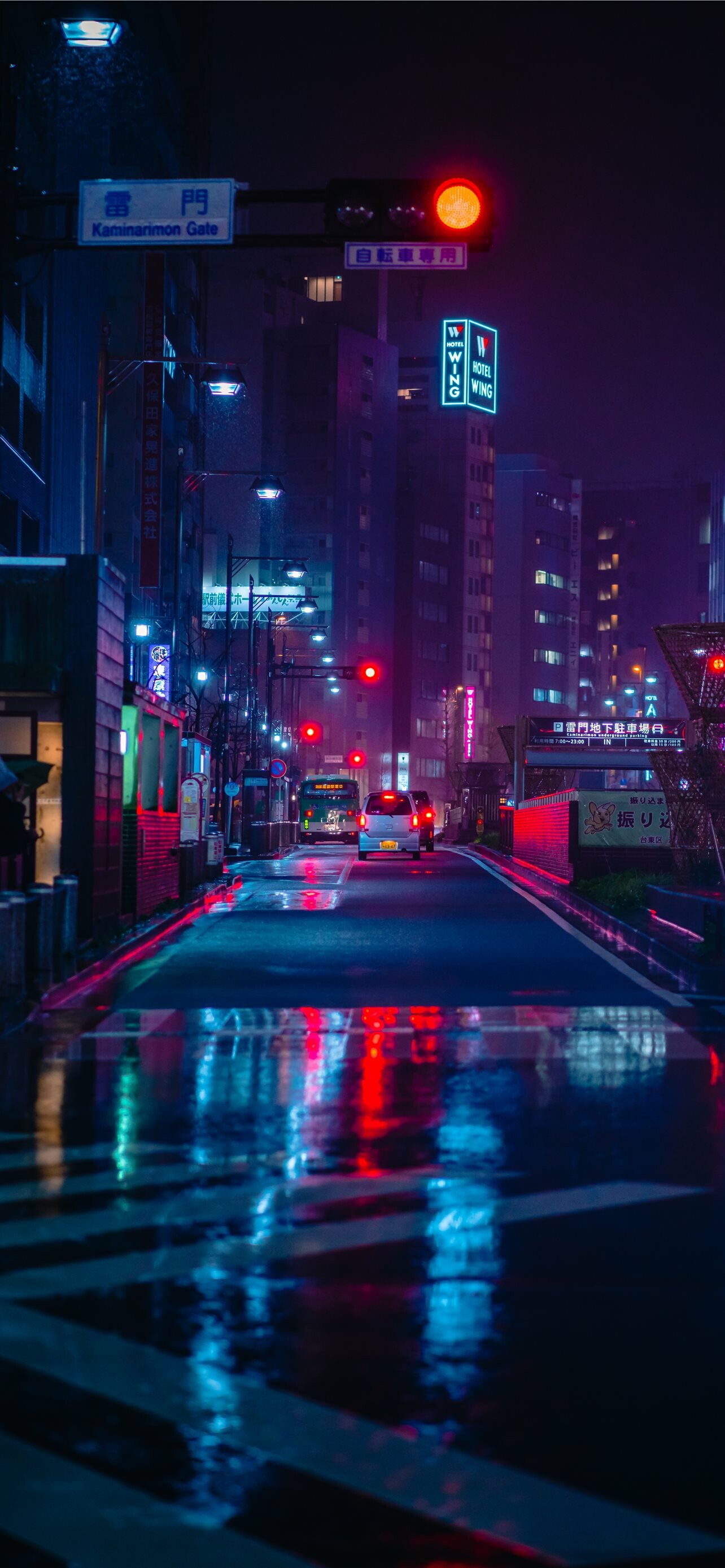 Kaminarimon Gate Tokyo, Wet reflective night road, Red neon traffic lights, Cyberpunk cityscape Kaminarimon Gate Tokyo, Wet reflective night road, Red neon traffic lights, Cyberpunk cityscape — 1284×2778 HD wallpaper