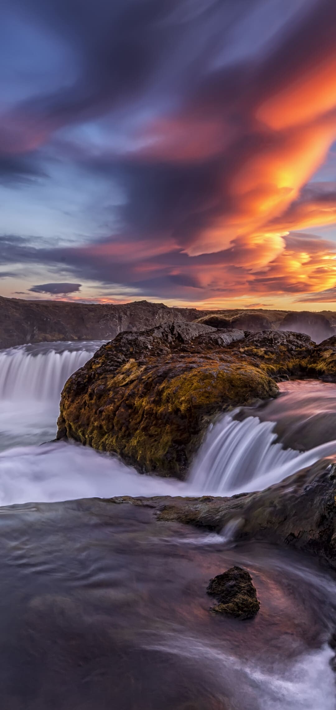 Godafoss waterfall Iceland, Mossy basalt rock, Fiery sunset clouds Godafoss waterfall Iceland, Mossy basalt rock, Fiery sunset clouds — 1080×2280 HD wallpaper