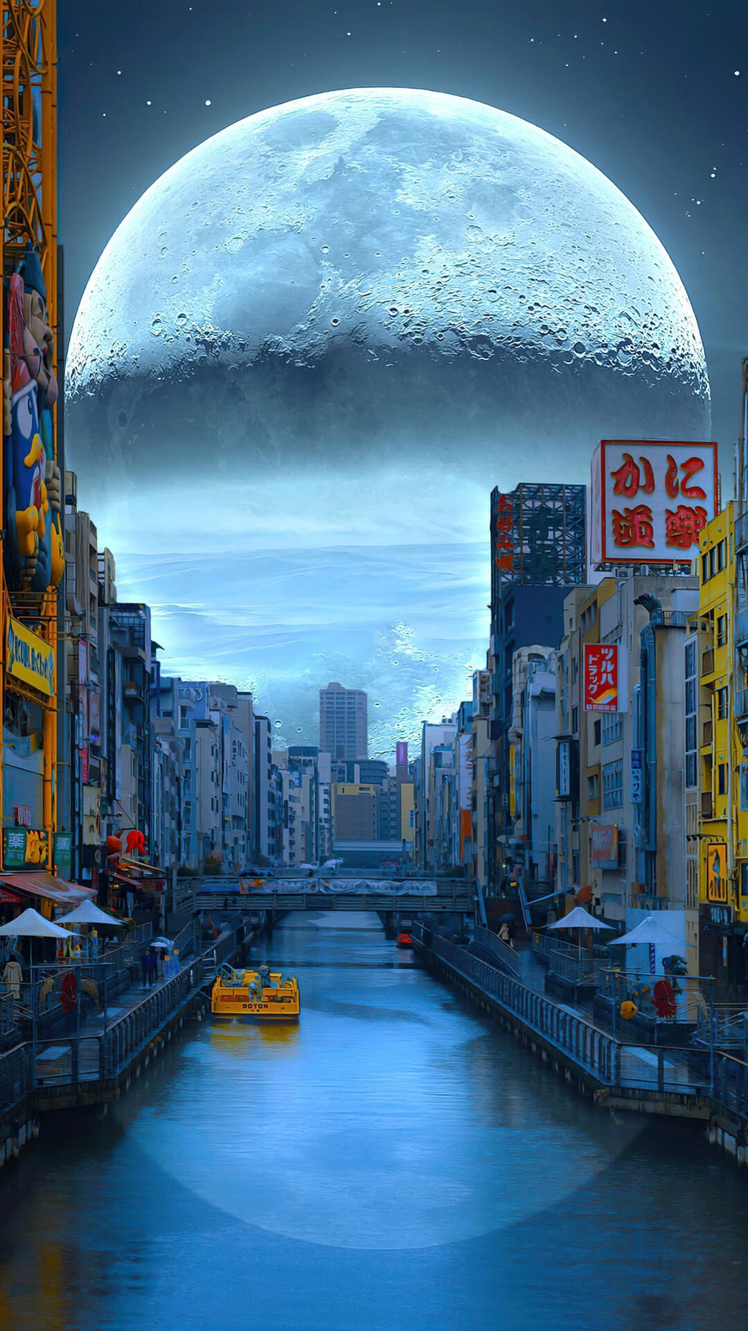 Dotonbori canal Osaka, Giant moon, Neon signboards, Night cityscape Dotonbori canal Osaka, Giant moon, Neon signboards, Night cityscape — 1080×1920 HD wallpaper