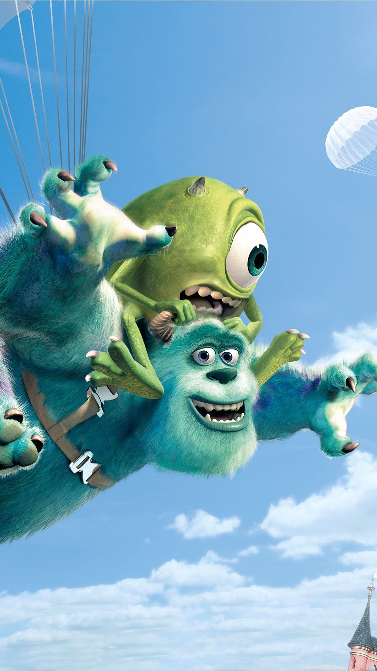 Sulley and Mike Wazowski, Parachute blue sky, Monsters University — 1242×2208 HD wallpaper