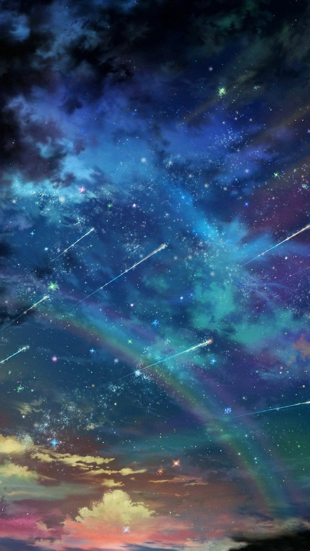 Meteor shower streaks, Starry night sky, Iridescent cloud formations — 1080×1920 HD wallpaper