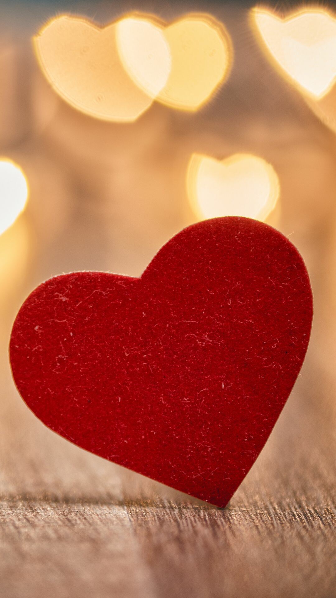 Red felt heart, Heart-shaped bokeh lights, Wooden surface — 1080×1920 HD wallpaper