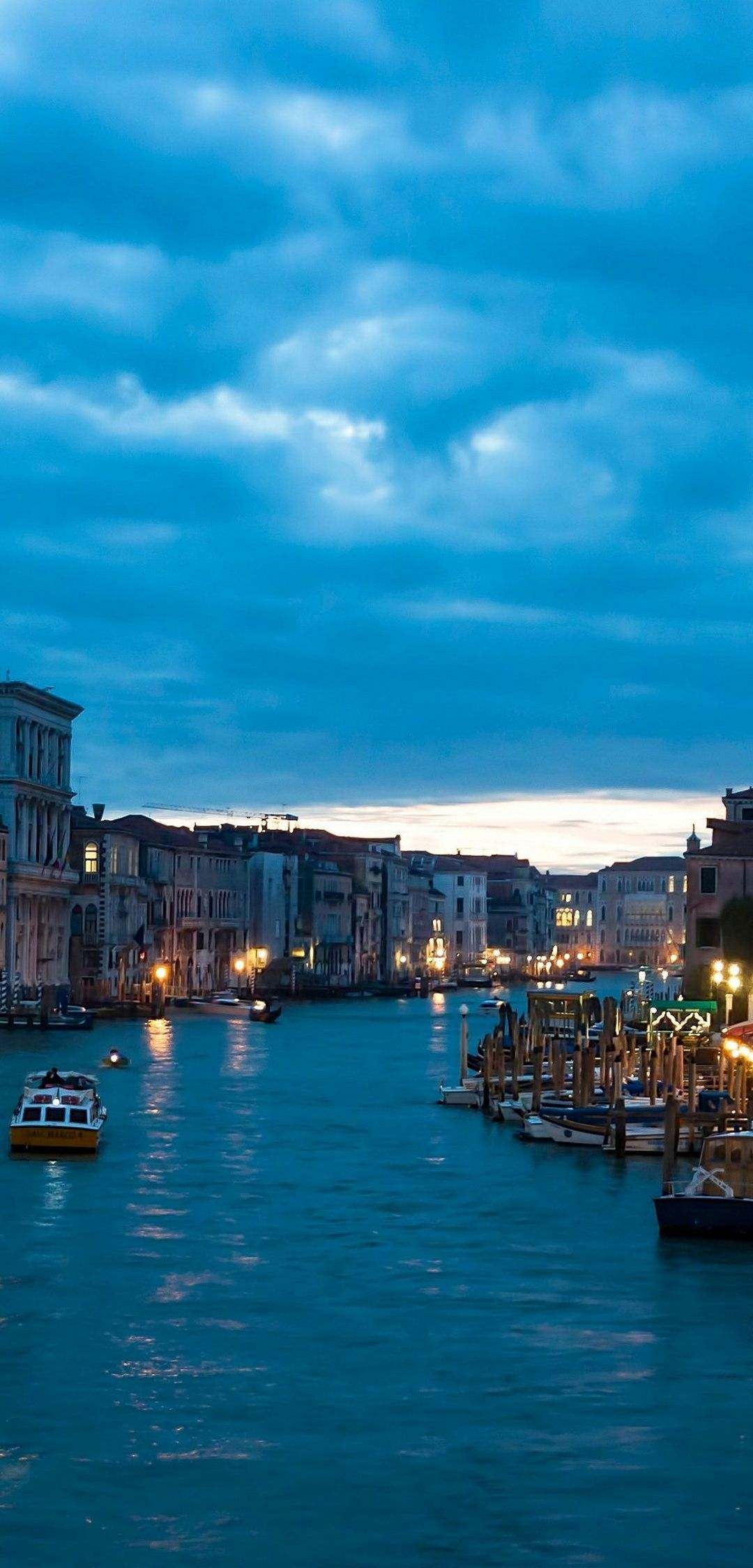 Grand Canal Venice, Waterfront palazzo facades, Water taxi boats, Twilight blue sky Grand Canal Venice, Waterfront palazzo facades, Water taxi boats, Twilight blue sky — 1080×2248 HD wallpaper