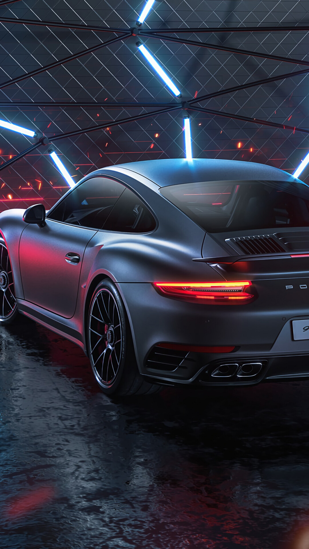 Grey 911 Turbo S, Neon-lit industrial hangar, Quad exhaust tips — 1080×1920 HD wallpaper