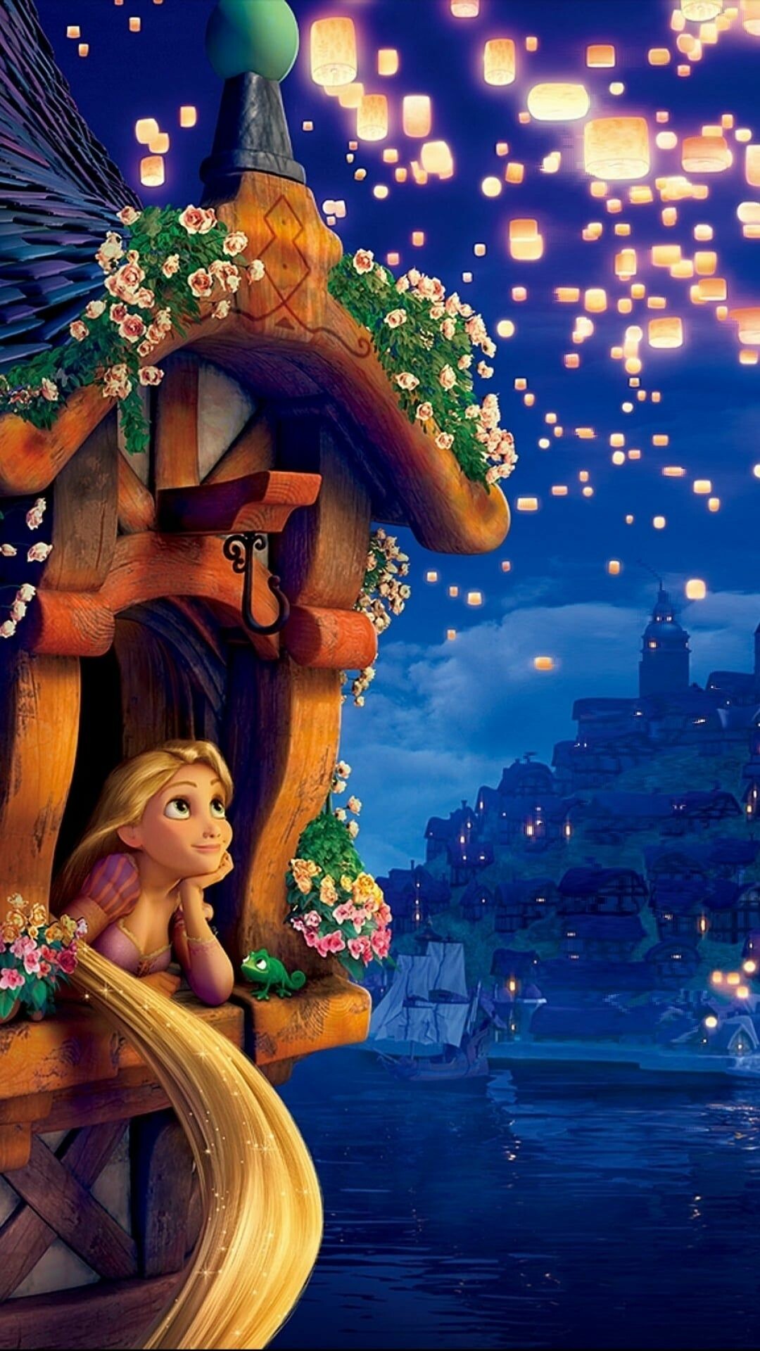 Rapunzel, Tower window with flowers, Floating lanterns, Pascal chameleon Rapunzel, Tower window with flowers, Floating lanterns, Pascal chameleon — 1080×1920 HD wallpaper