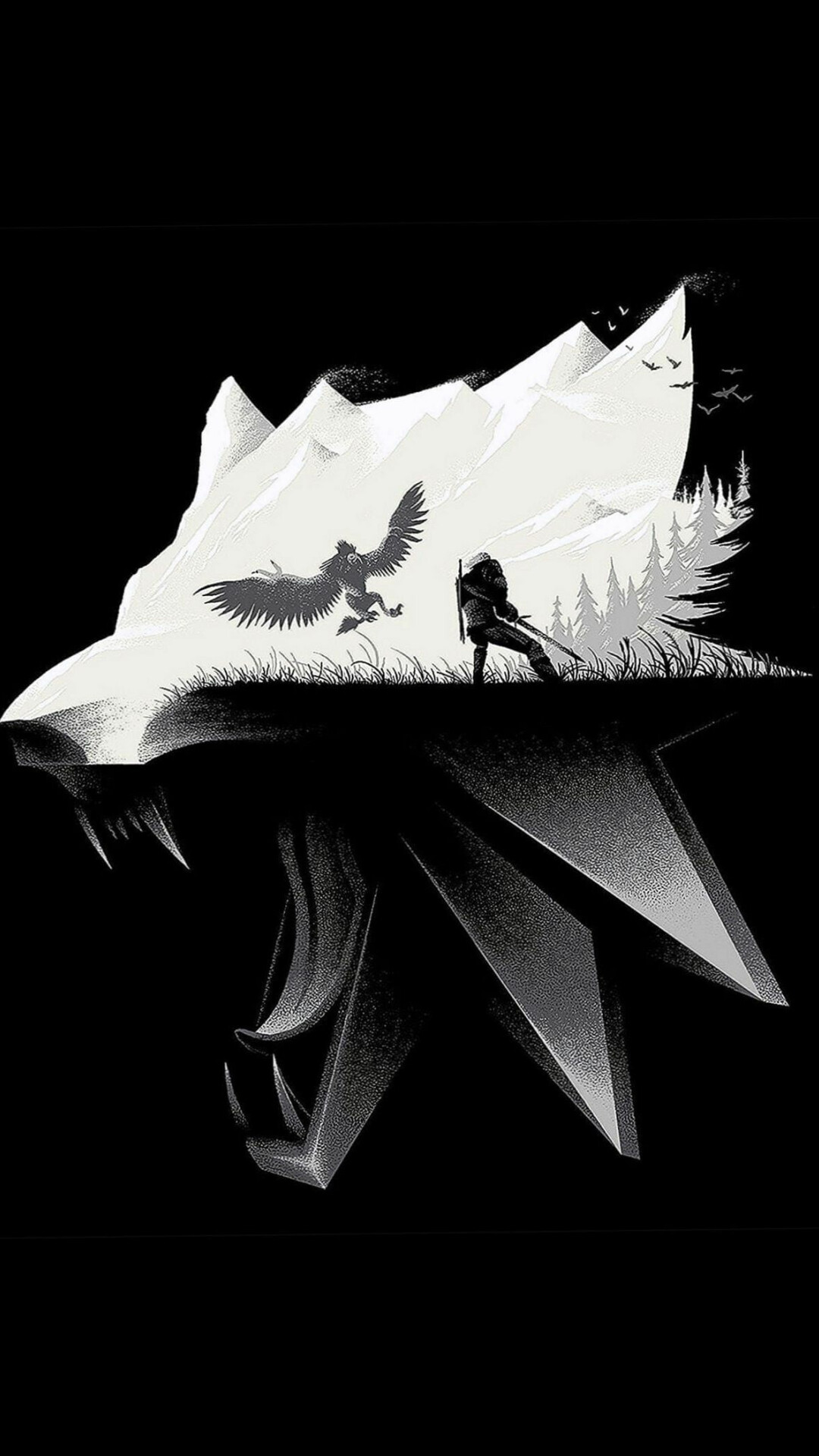 Witcher wolf medallion, Geralt of Rivia, Griffin creature, Monochrome mountain forest Witcher wolf medallion, Geralt of Rivia, Griffin creature, Monochrome mountain forest — 1080×1920 HD wallpaper