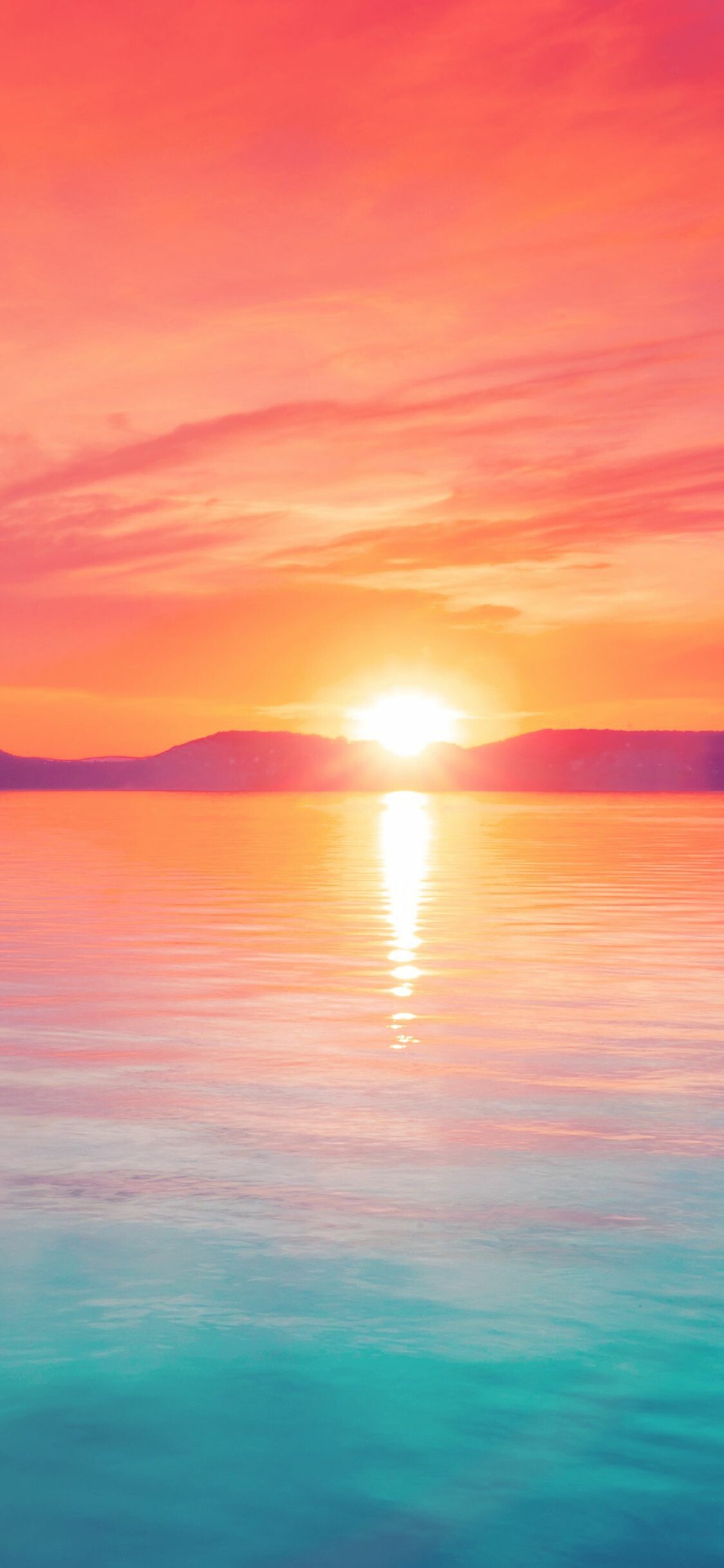 Gradient lake sunset, Mountain silhouette horizon, Teal orange water Gradient lake sunset, Mountain silhouette horizon, Teal orange water — 1125×2436 HD wallpaper