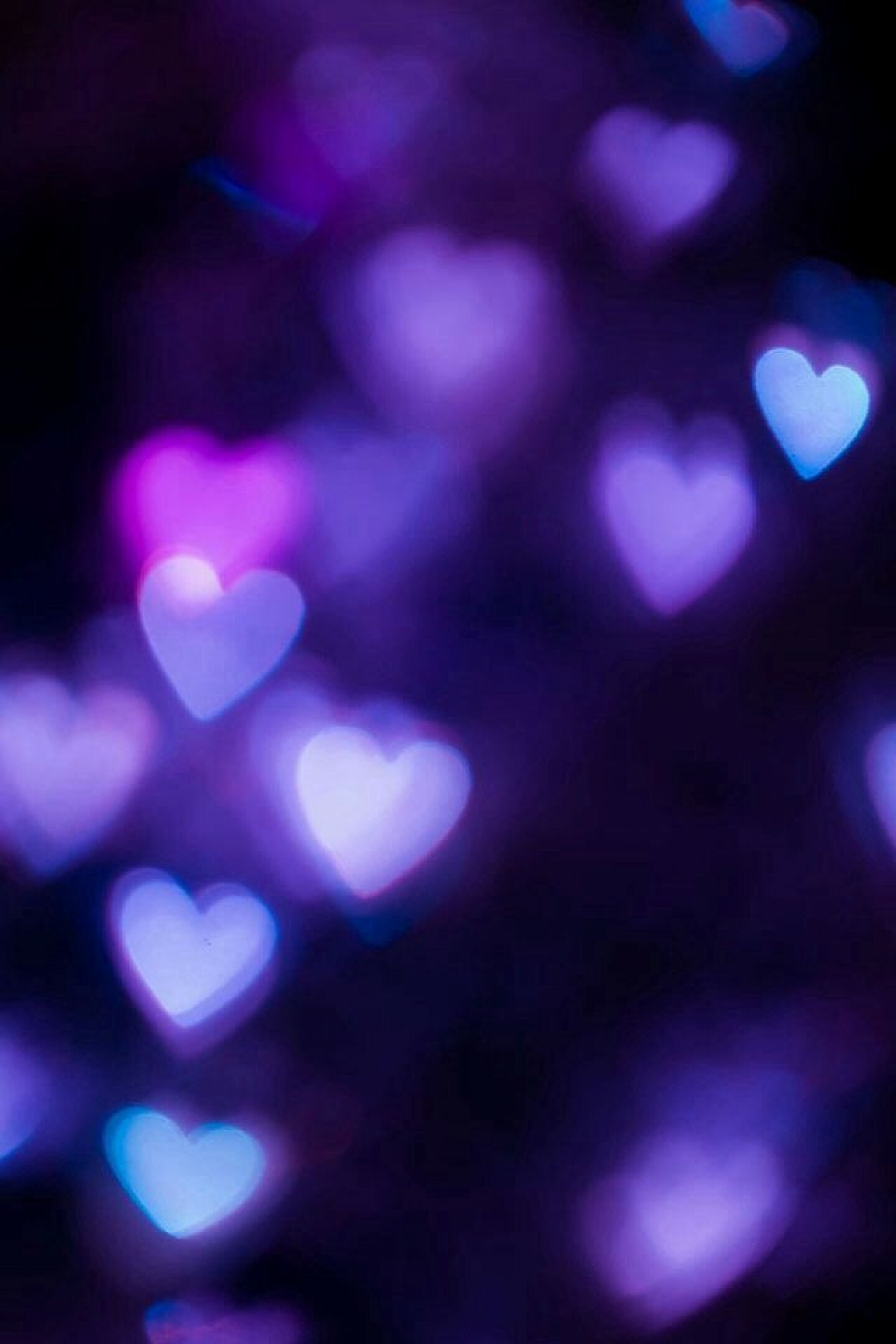 Heart-shaped bokeh lights, Purple violet glow, Dark blurred backdrop — 1440×2160 HD wallpaper