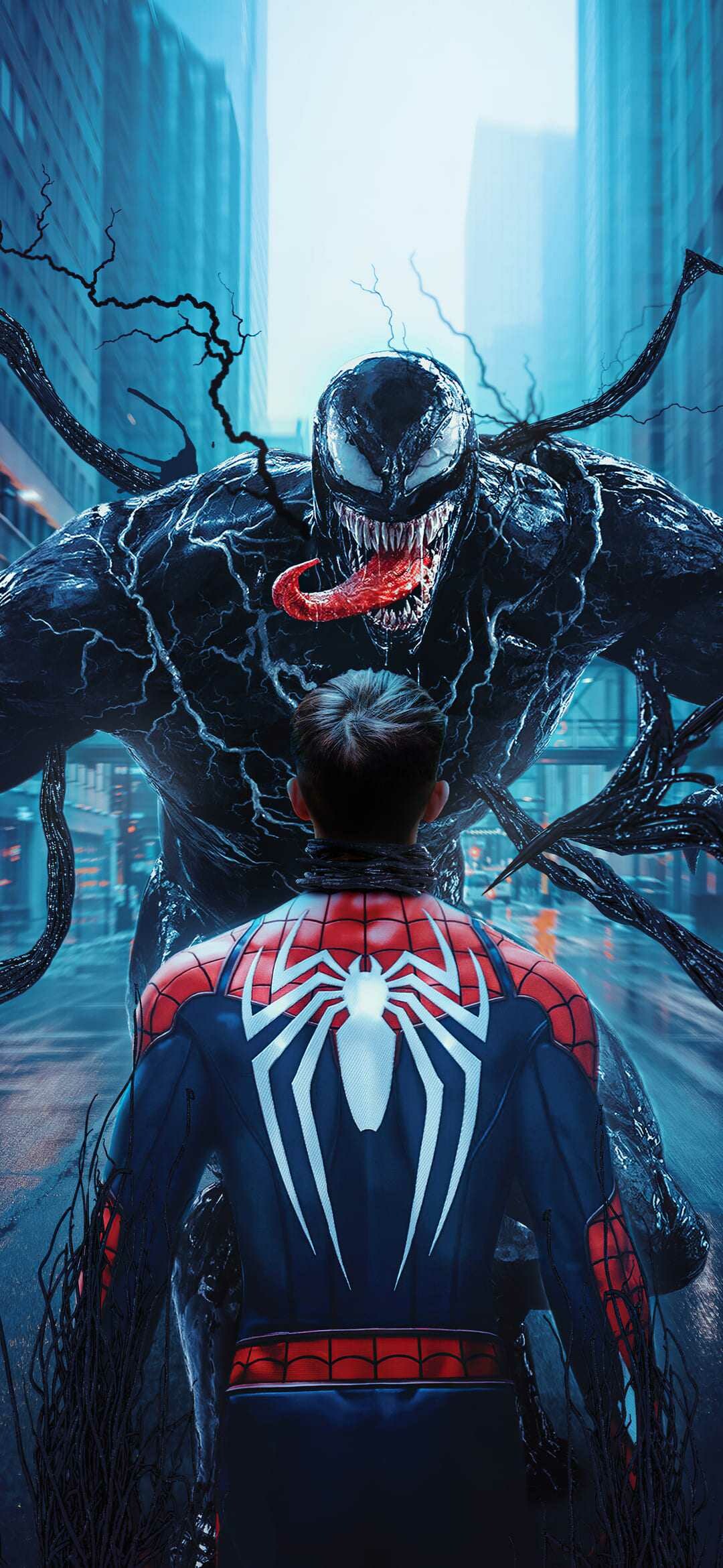 Spider-Man and Venom standoff, Marvel's Spider-Man suit, Venom symbiote, City street Spider-Man and Venom standoff, Marvel's Spider-Man suit, Venom symbiote, City street — 1080×2340 HD wallpaper