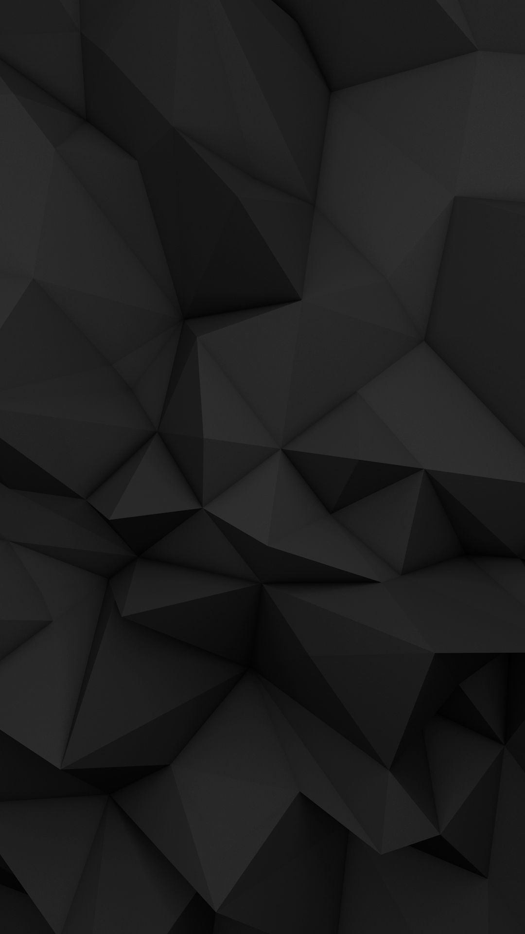 Black low-poly triangles, 3D geometric facets, Matte dark texture — 1080×1920 mobile wallpaper