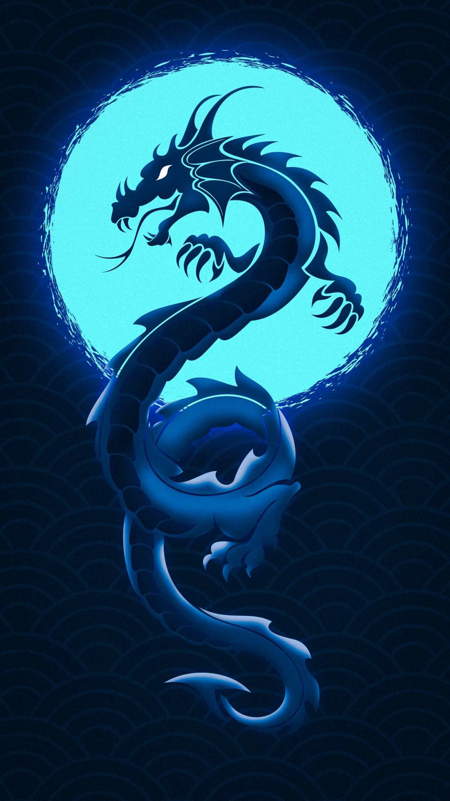 Eastern serpent dragon, Stylized silhouette, Glowing cyan moon Eastern serpent dragon, Stylized silhouette, Glowing cyan moon — 1440×2560 mobile wallpaper