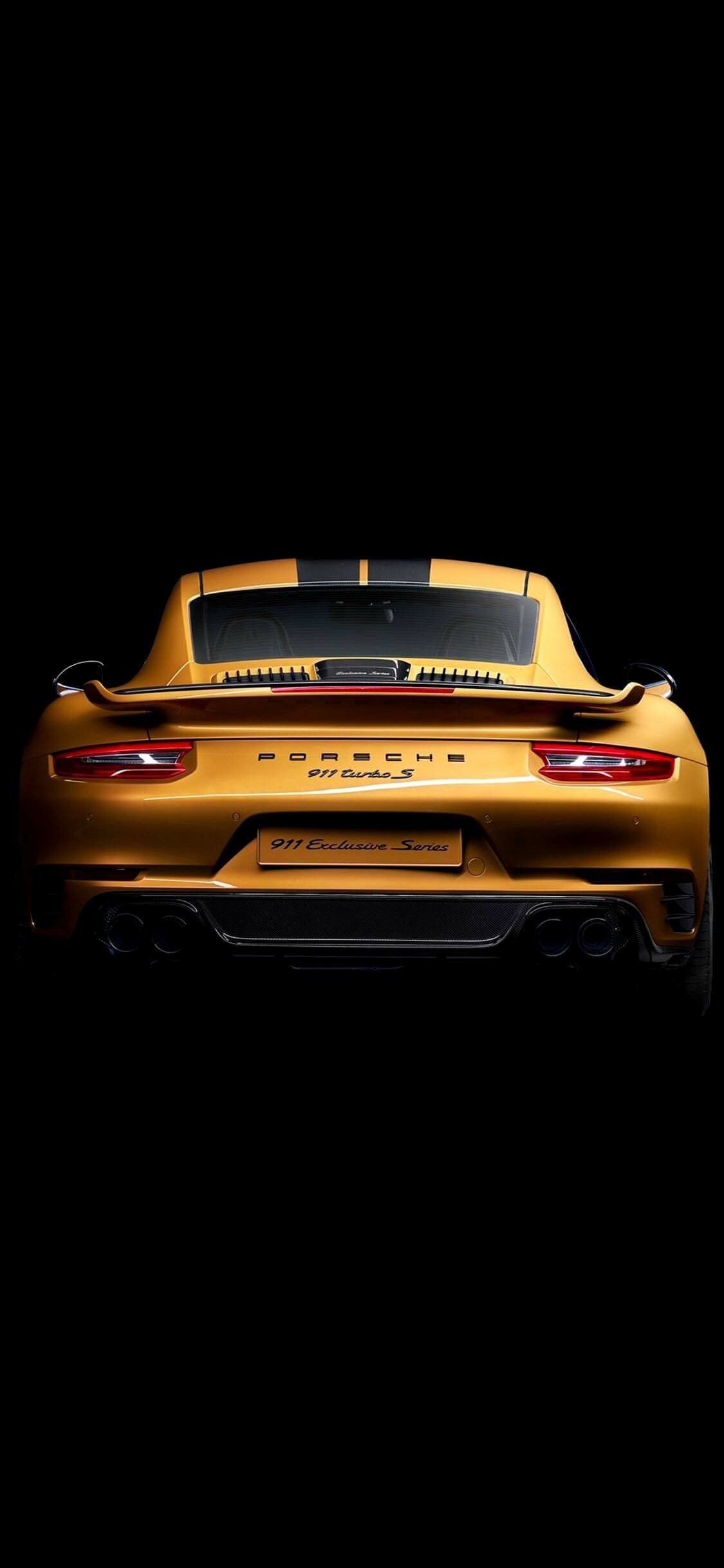 911 Turbo S, Gold Exclusive Series, Black twin stripes — 1125×2436 HD wallpaper