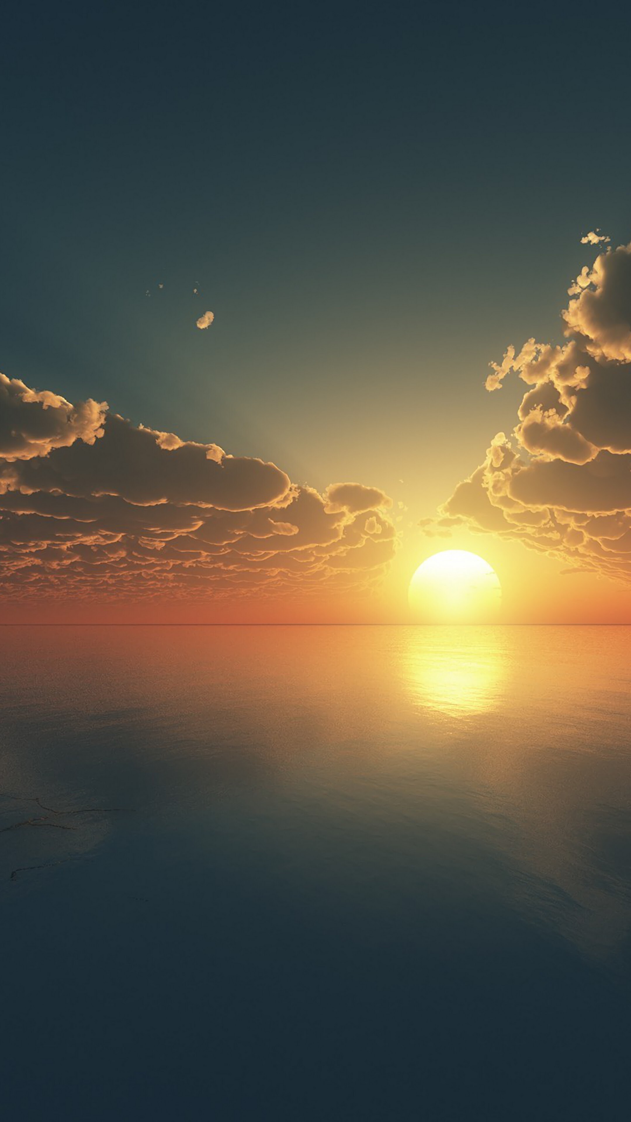Glowing sun on horizon, Scattered cumulus clouds, Calm ocean reflection — 2160×3840 HD wallpaper