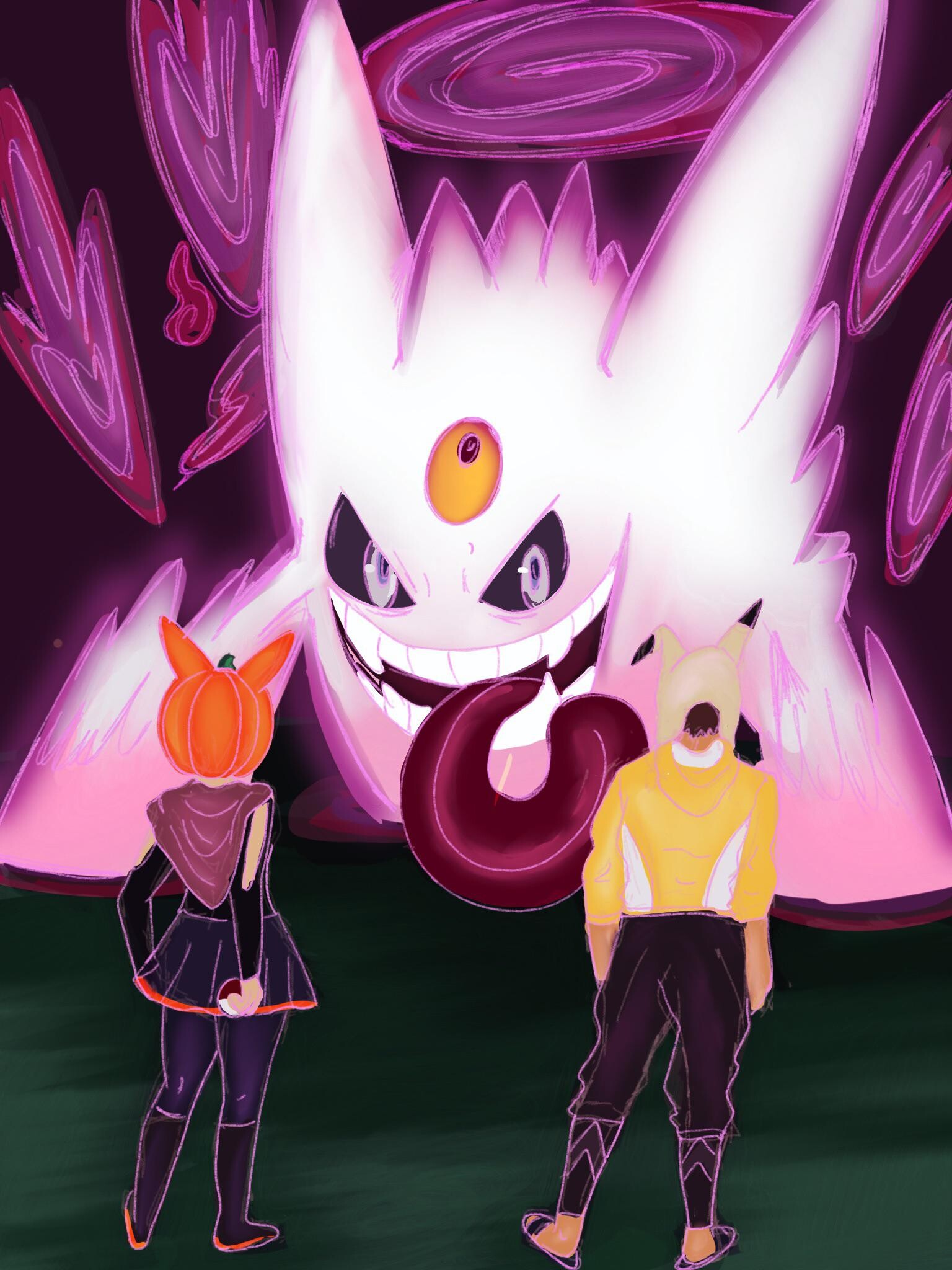 Shiny Mega Gengar, Costumed trainers, Pumpkin and Pikachu costumes Shiny Mega Gengar, Costumed trainers, Pumpkin and Pikachu costumes — 1536×2048 HD wallpaper