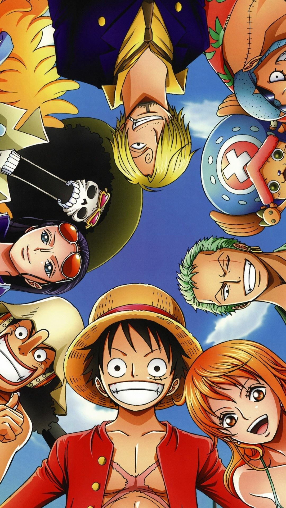 Monkey D. Luffy grin, Straw Hat crew huddle, Sky-view circle shot Monkey D. Luffy grin, Straw Hat crew huddle, Sky-view circle shot — 1080×1920 HD wallpaper