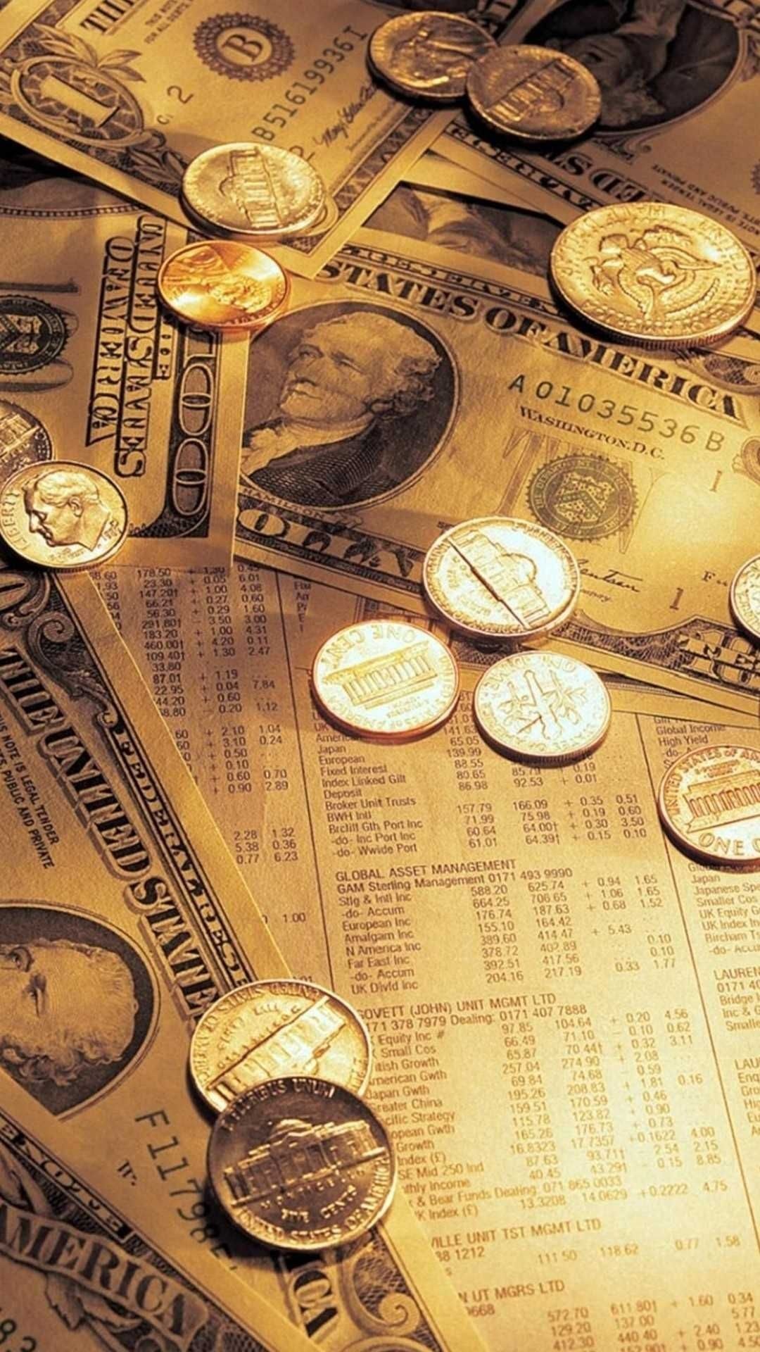 US coins over dollar bills, Financial market listings page, Golden sepia tone — 1080×1920 HD wallpaper