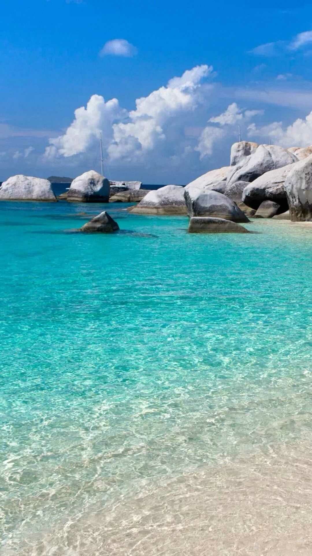 Granite boulders shoreline, Turquoise tropical lagoon, Cumulus clouds sky Granite boulders shoreline, Turquoise tropical lagoon, Cumulus clouds sky — 1080×1920 HD wallpaper