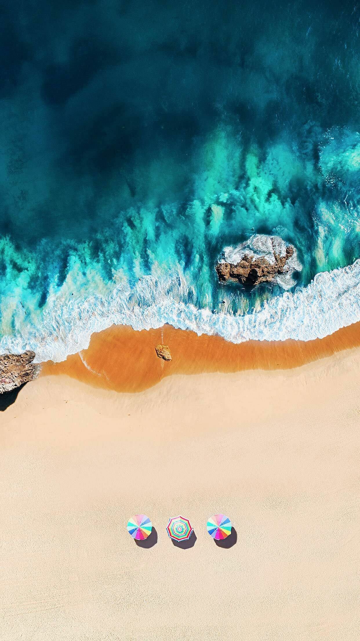 Aerial beach view, Colorful beach umbrellas, Turquoise ocean waves — 1242×2208 HD wallpaper