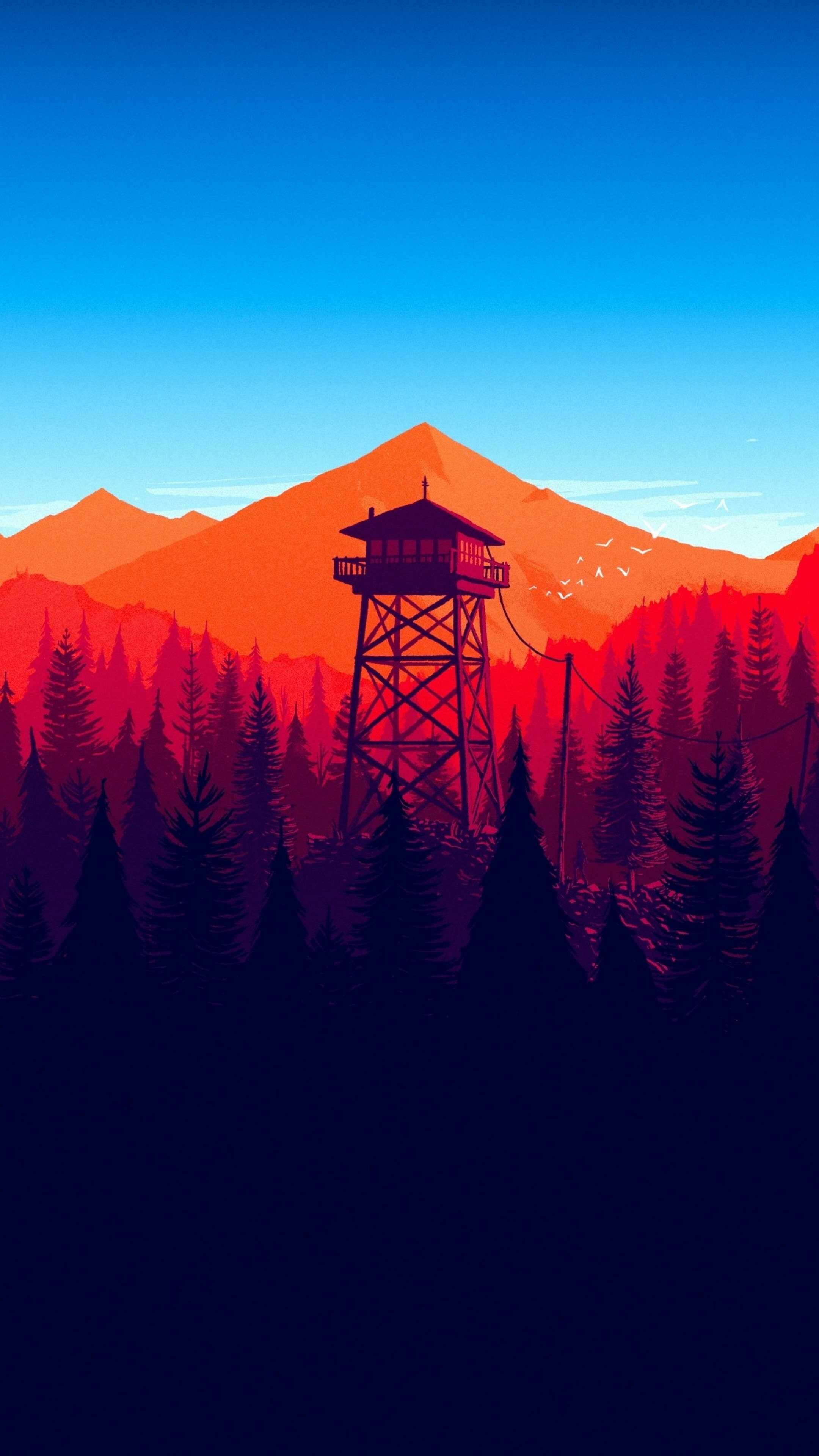 Firewatch fire lookout tower, Orange mountain peak, Red pine forest silhouette Firewatch fire lookout tower, Orange mountain peak, Red pine forest silhouette — 2160×3840 HD wallpaper