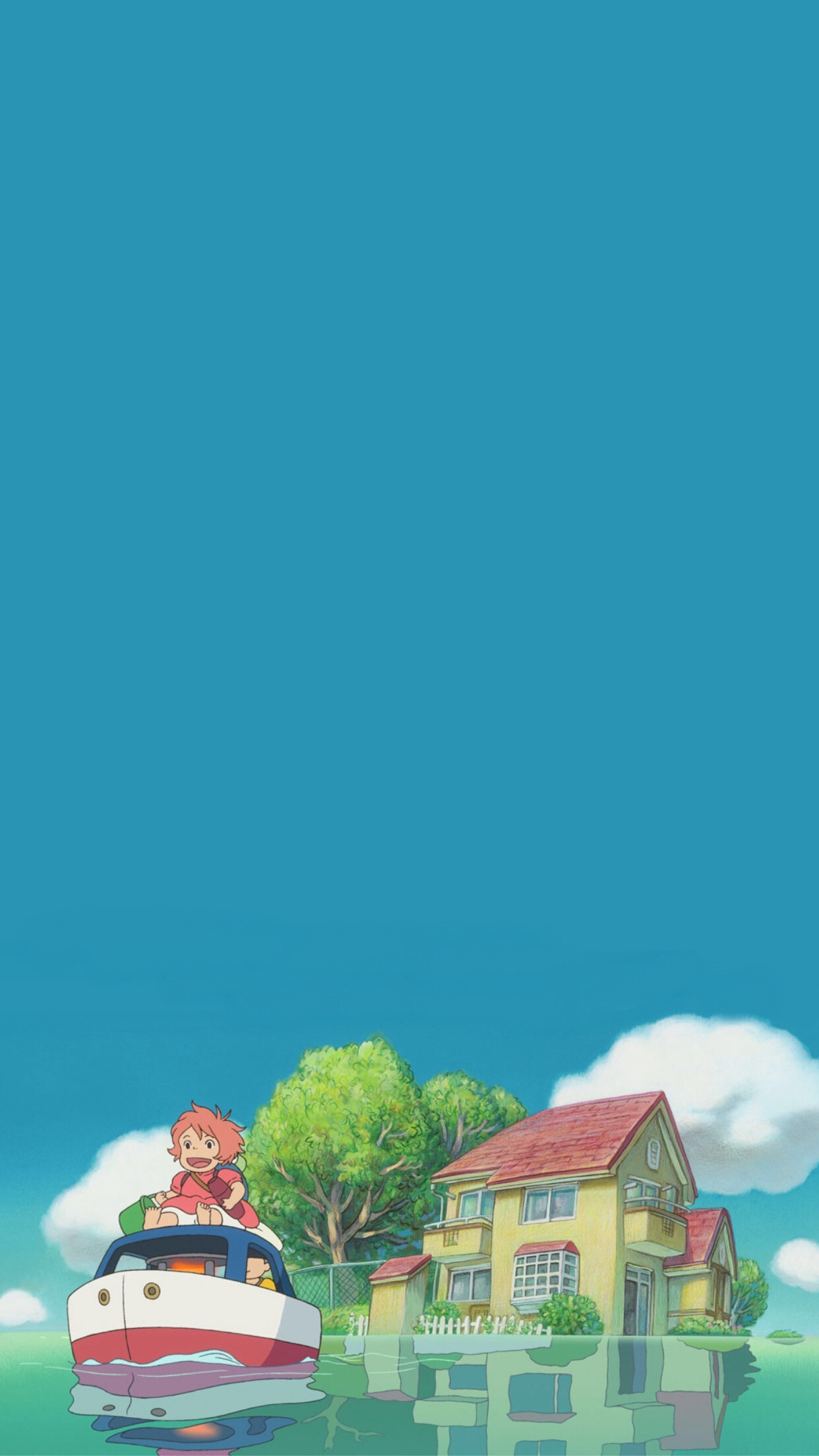 Ponyo and Sosuke, Toy boat, Flooded yellow house, Teal sky Ponyo and Sosuke, Toy boat, Flooded yellow house, Teal sky — 1242×2207 HD wallpaper