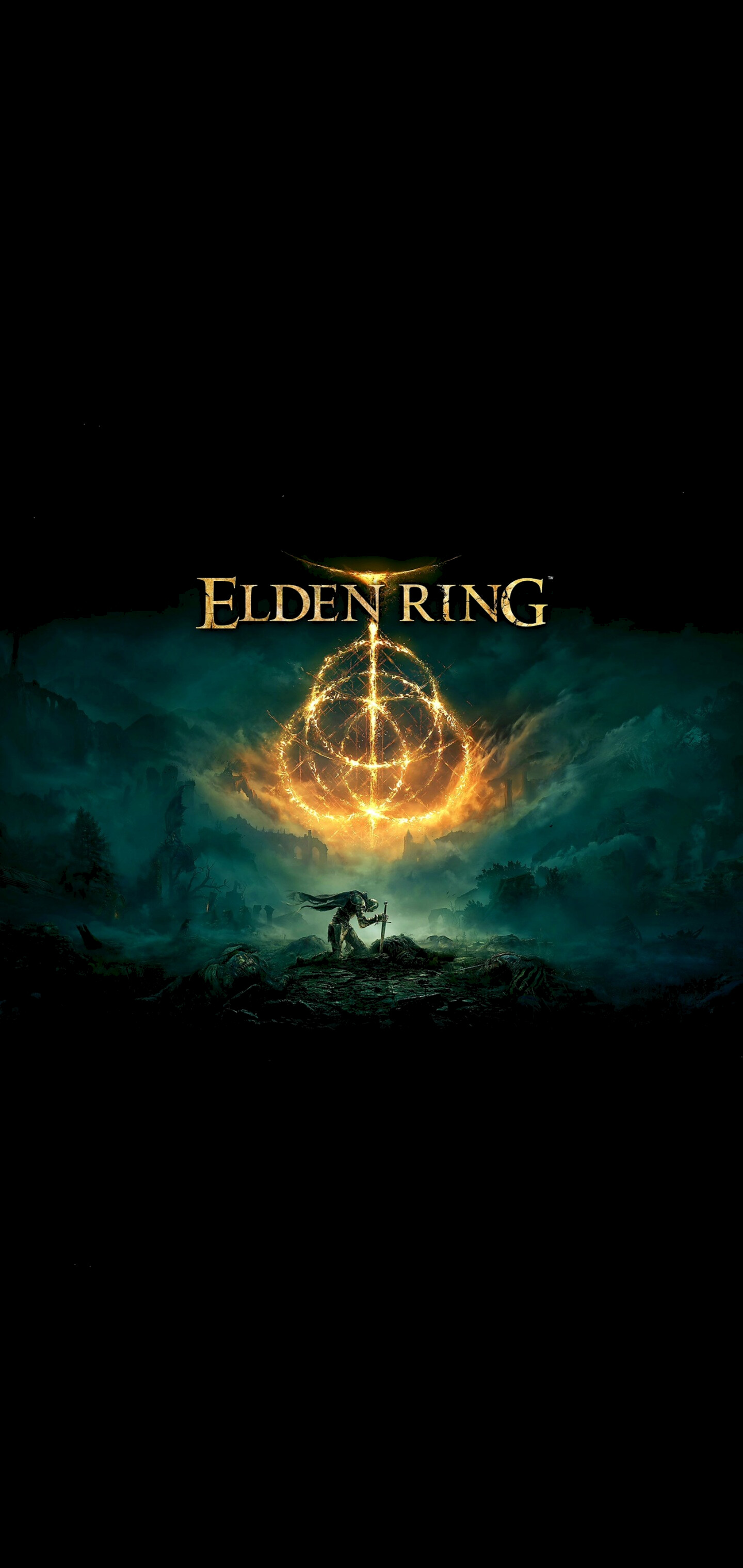 Elden Ring logo, Tarnished warrior silhouette, Golden Elden Ring orb Elden Ring logo, Tarnished warrior silhouette, Golden Elden Ring orb — 1440×3040 HD wallpaper