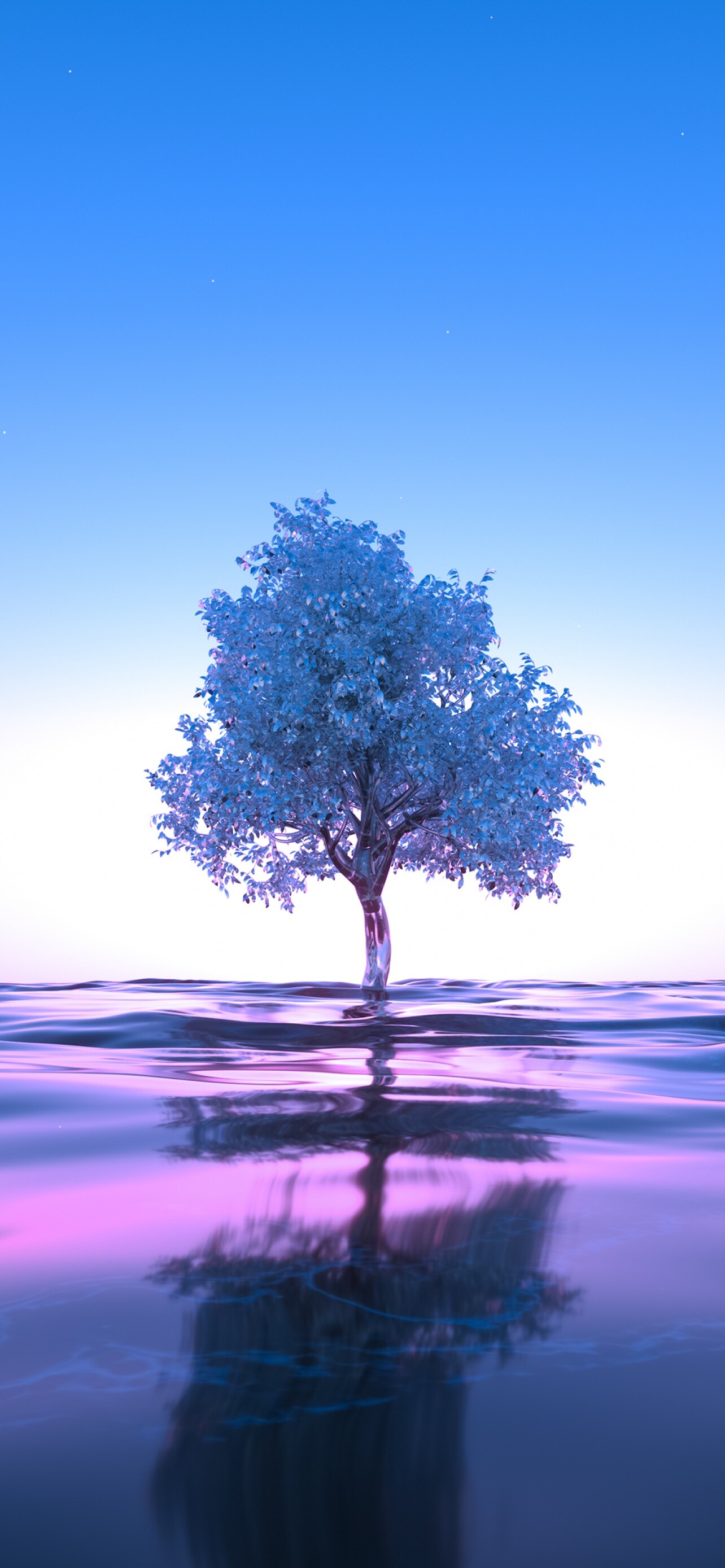 Blue-leaved tree, Calm reflective water, Pink blue gradient sky Blue-leaved tree, Calm reflective water, Pink blue gradient sky — 1284×2778 HD wallpaper