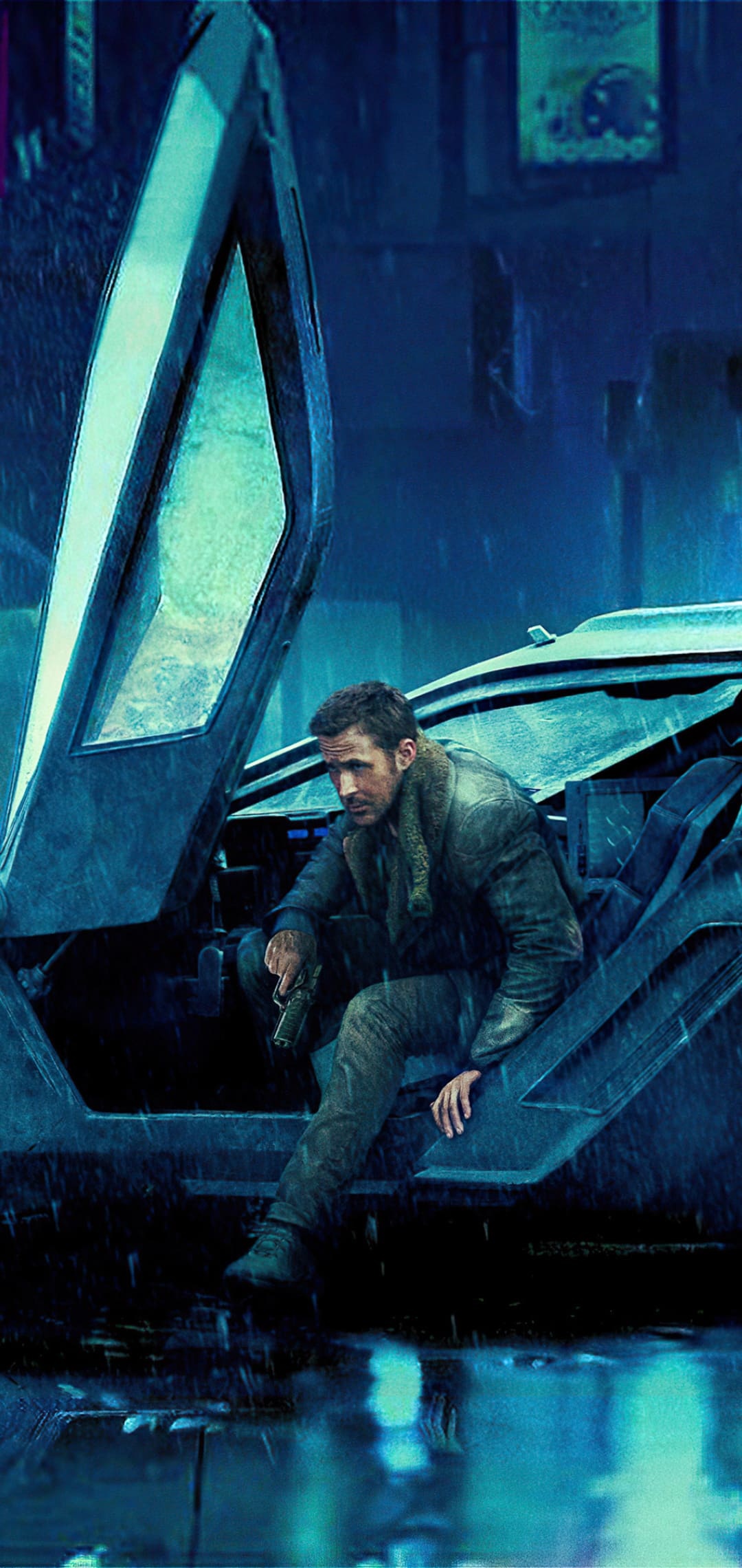Ryan Gosling Officer K, Police spinner vehicle, Blue rain noir — 1080×2280 HD wallpaper