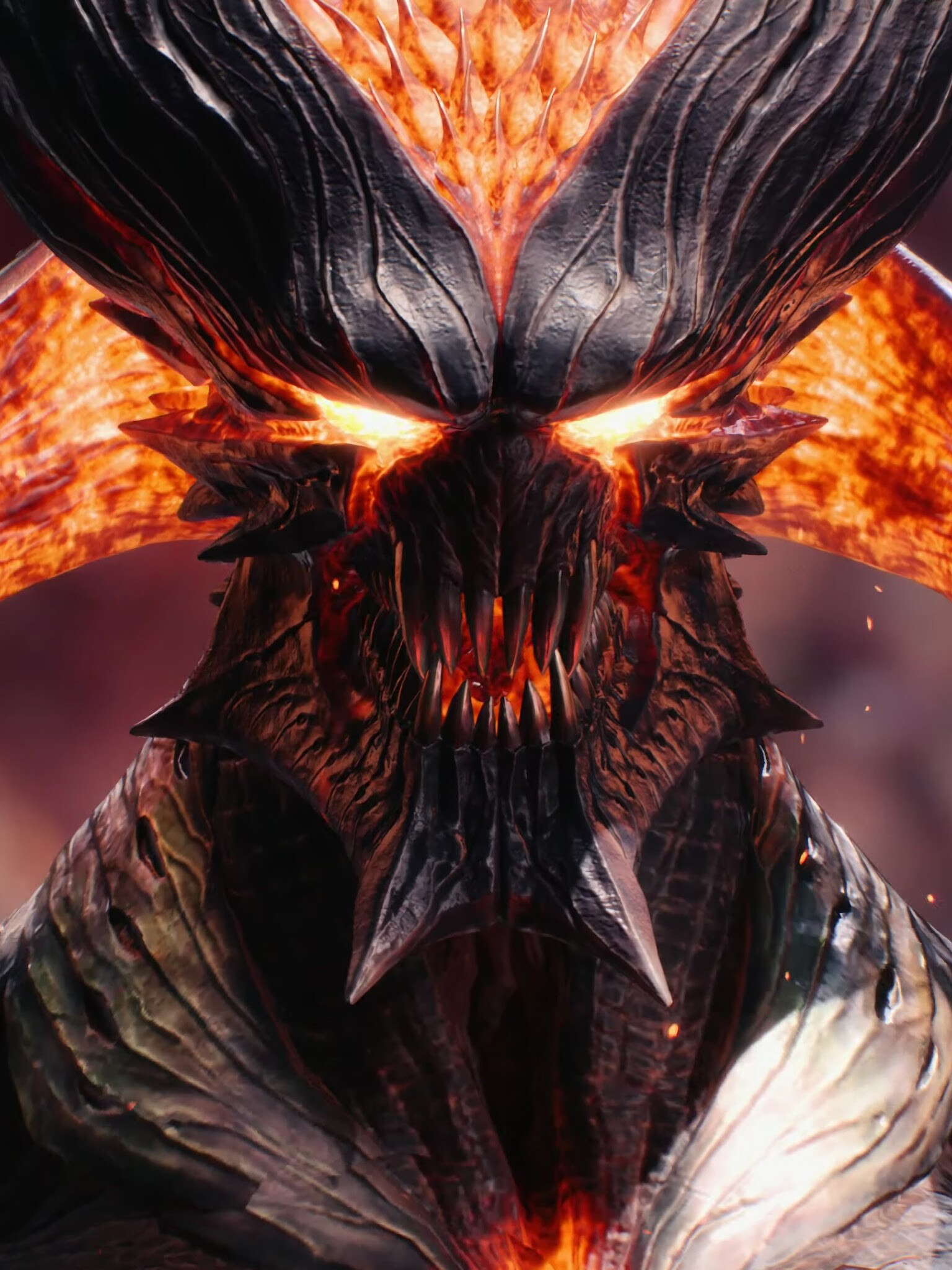 Diablo Prime Evil, Glowing orange eyes, Horned demon face Diablo Prime Evil, Glowing orange eyes, Horned demon face — 1536×2048 HD wallpaper