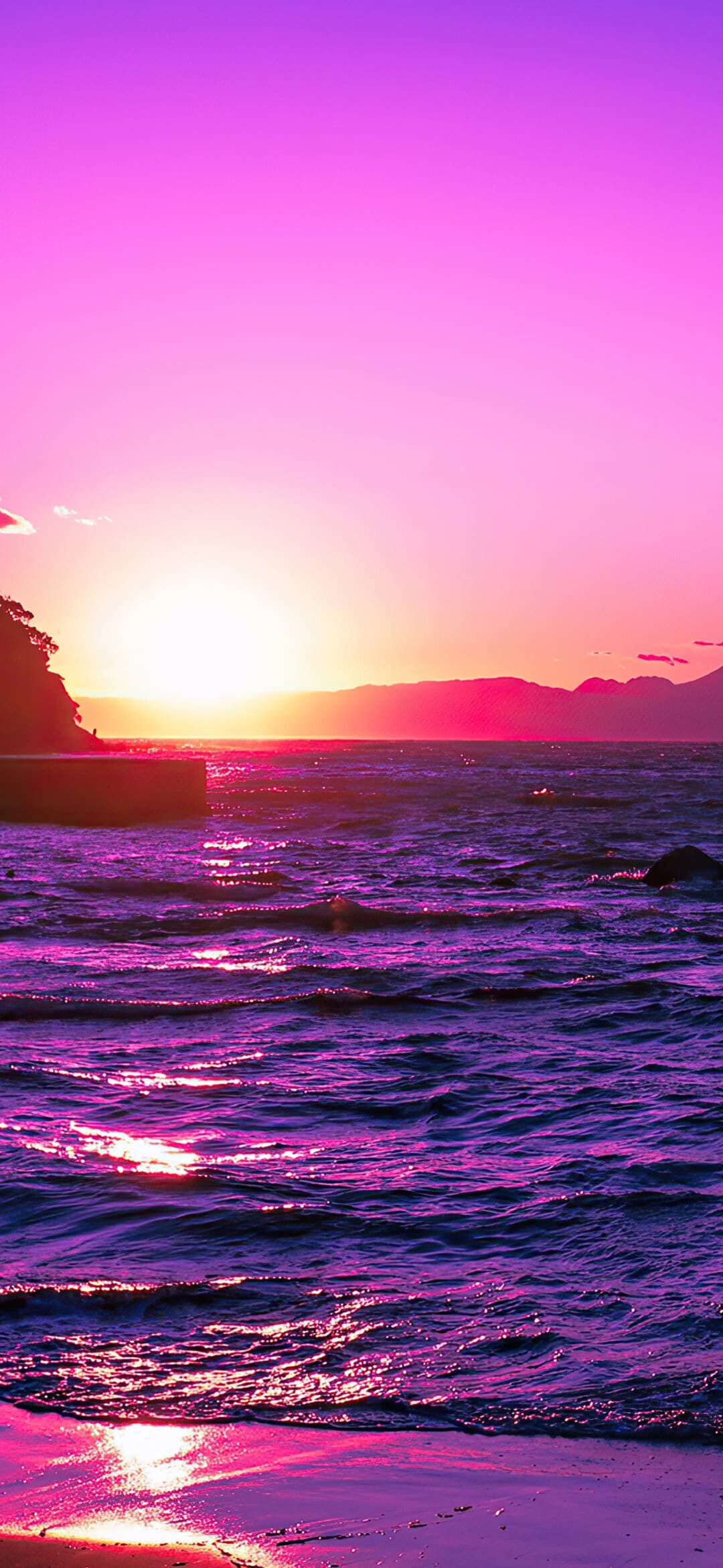 Magenta seaside sunset, Mountain silhouette horizon, Vibrant pink water Magenta seaside sunset, Mountain silhouette horizon, Vibrant pink water — 1080×2340 HD wallpaper