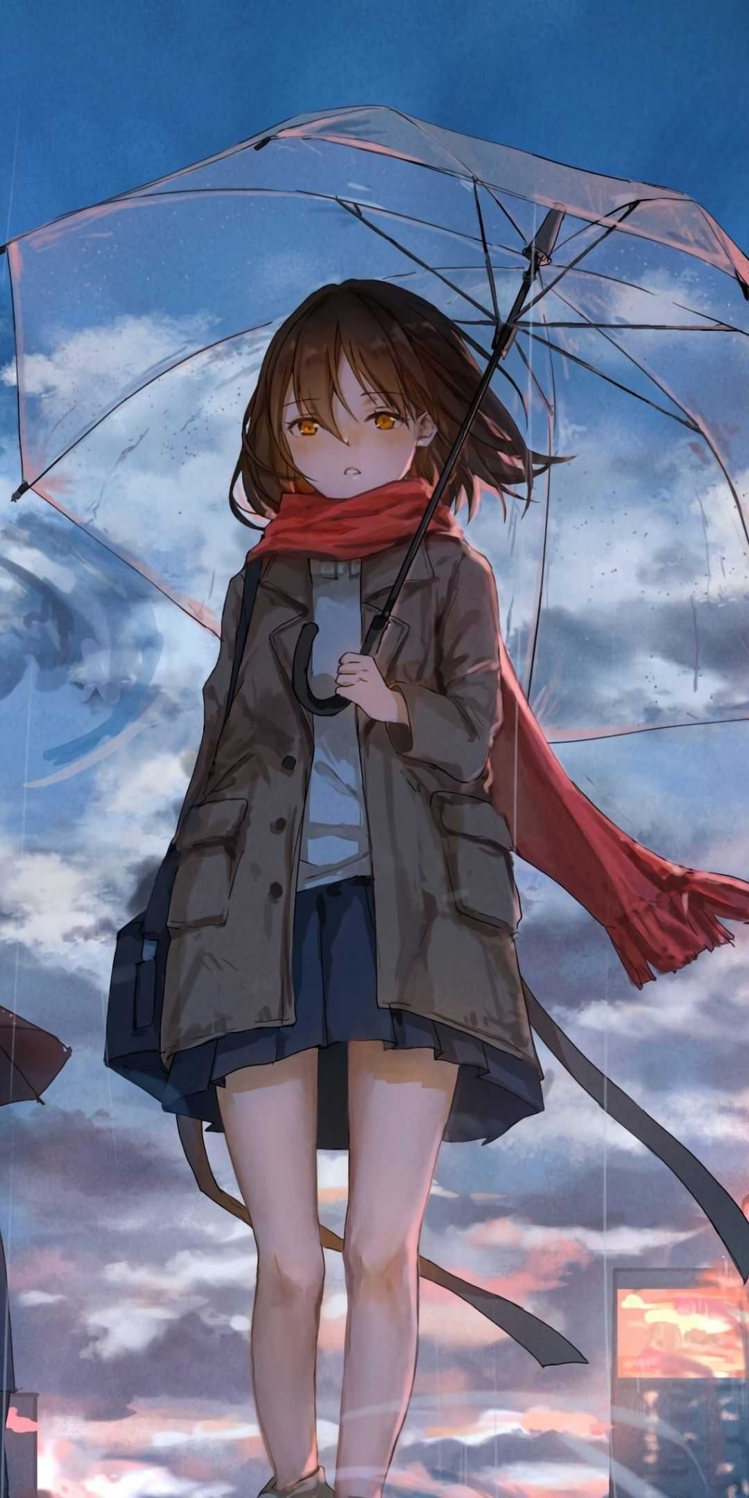 Transparent umbrella, Long red scarf, Amber-eyed brown hair Transparent umbrella, Long red scarf, Amber-eyed brown hair — 1080×2160 HD wallpaper