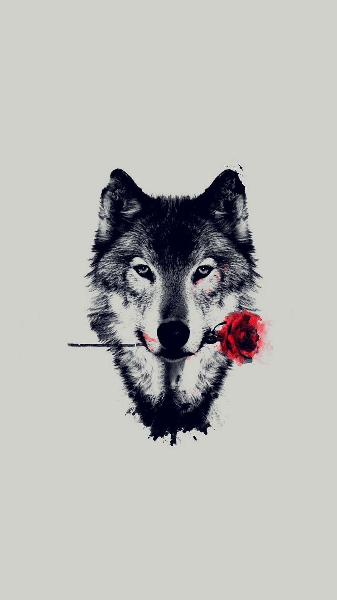Gray wolf head, Red rose stem, Minimalist gray backdrop Gray wolf head, Red rose stem, Minimalist gray backdrop — 1080×1920 HD wallpaper