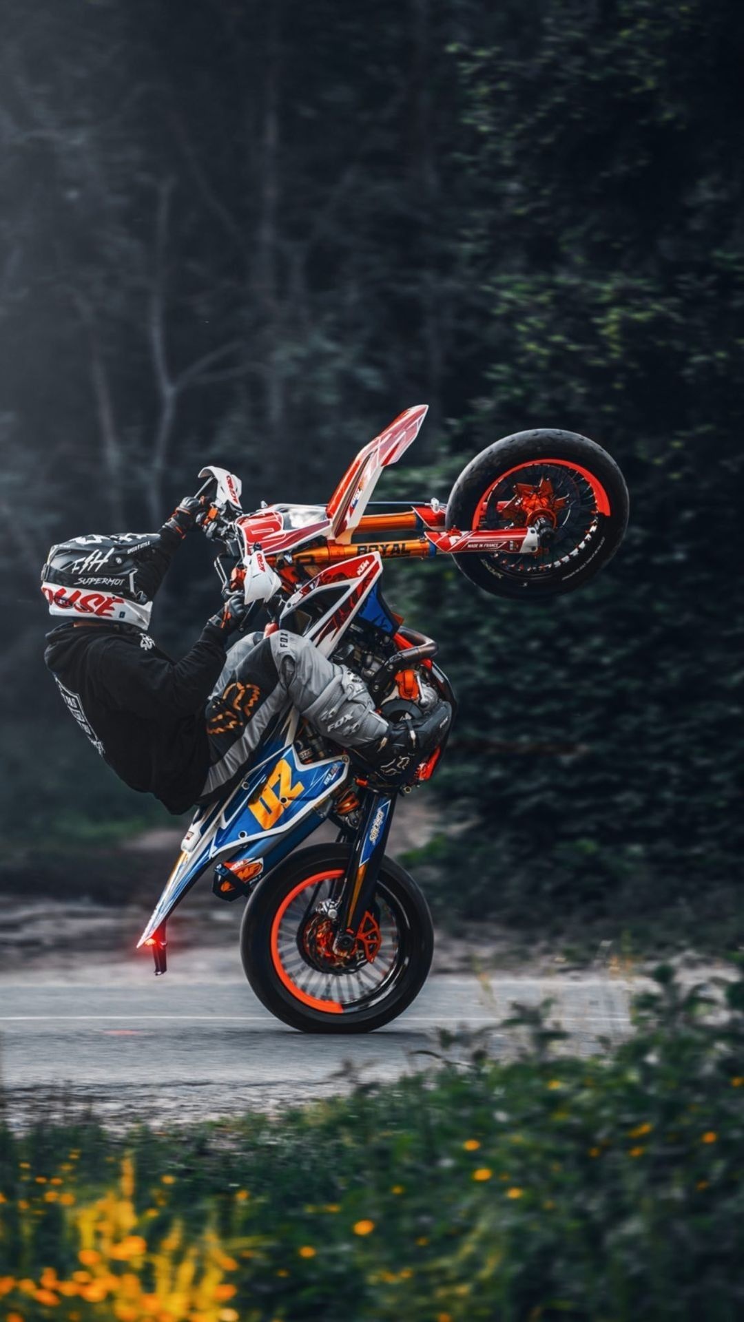 KTM supermoto wheelie, Fox helmet rider, Forest road KTM supermoto wheelie, Fox helmet rider, Forest road — 1080×1920 HD wallpaper