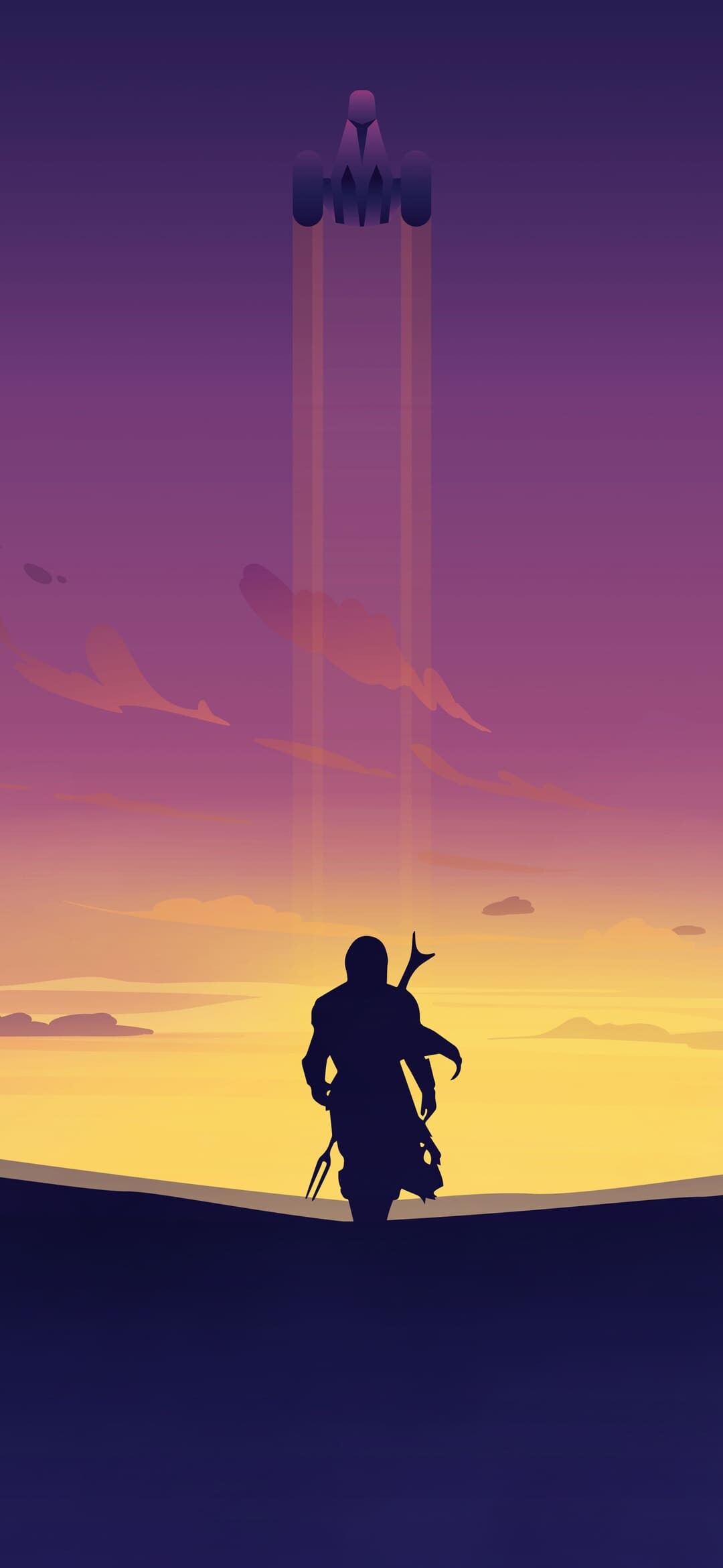 Mandalorian silhouette, Razor Crest ascending, Purple desert sunset Mandalorian silhouette, Razor Crest ascending, Purple desert sunset — 1080×2340 HD wallpaper