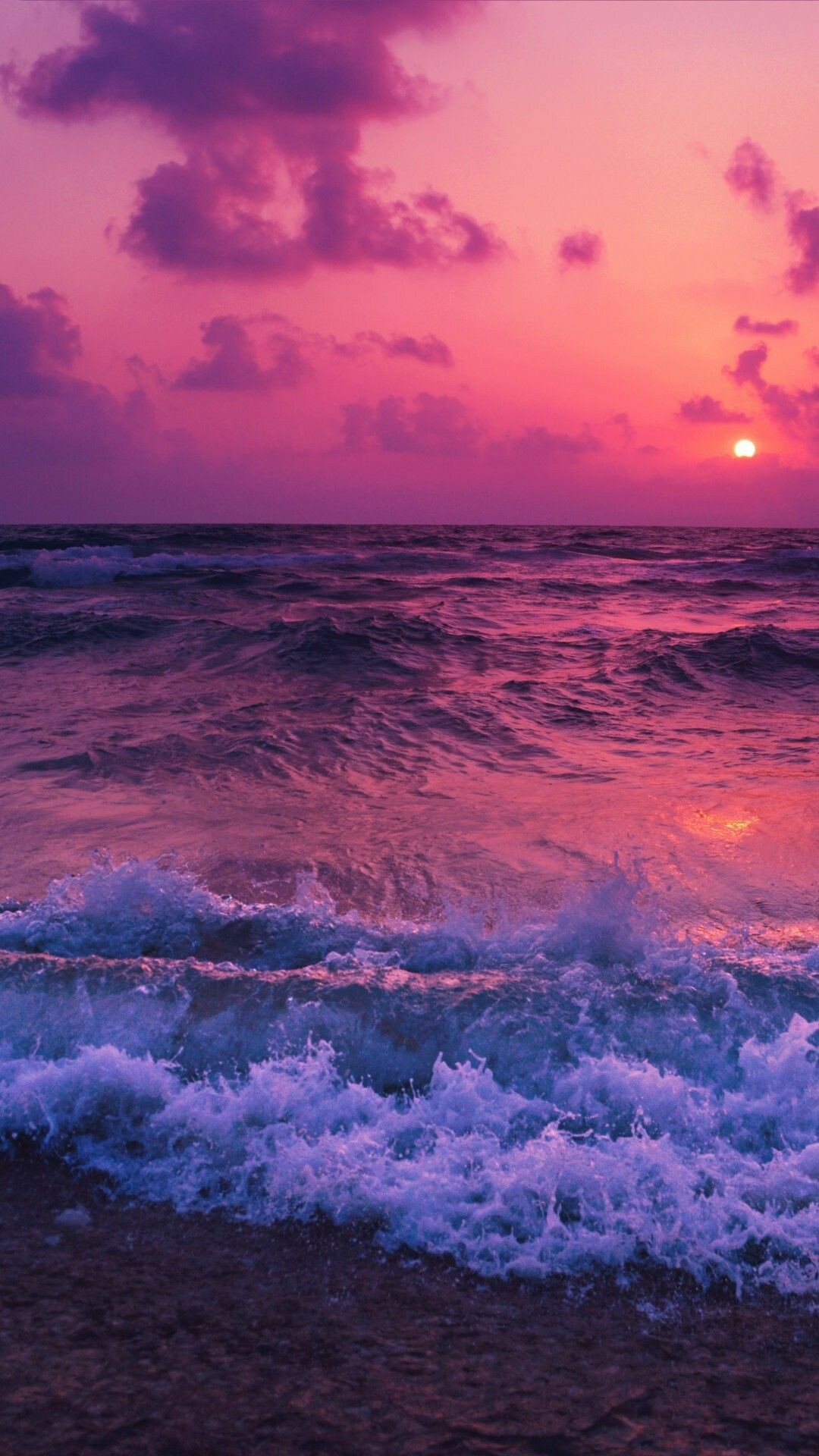 Crashing ocean waves, Pink purple sunset sky, Foamy surf on beach Crashing ocean waves, Pink purple sunset sky, Foamy surf on beach — 1080×1920 HD wallpaper