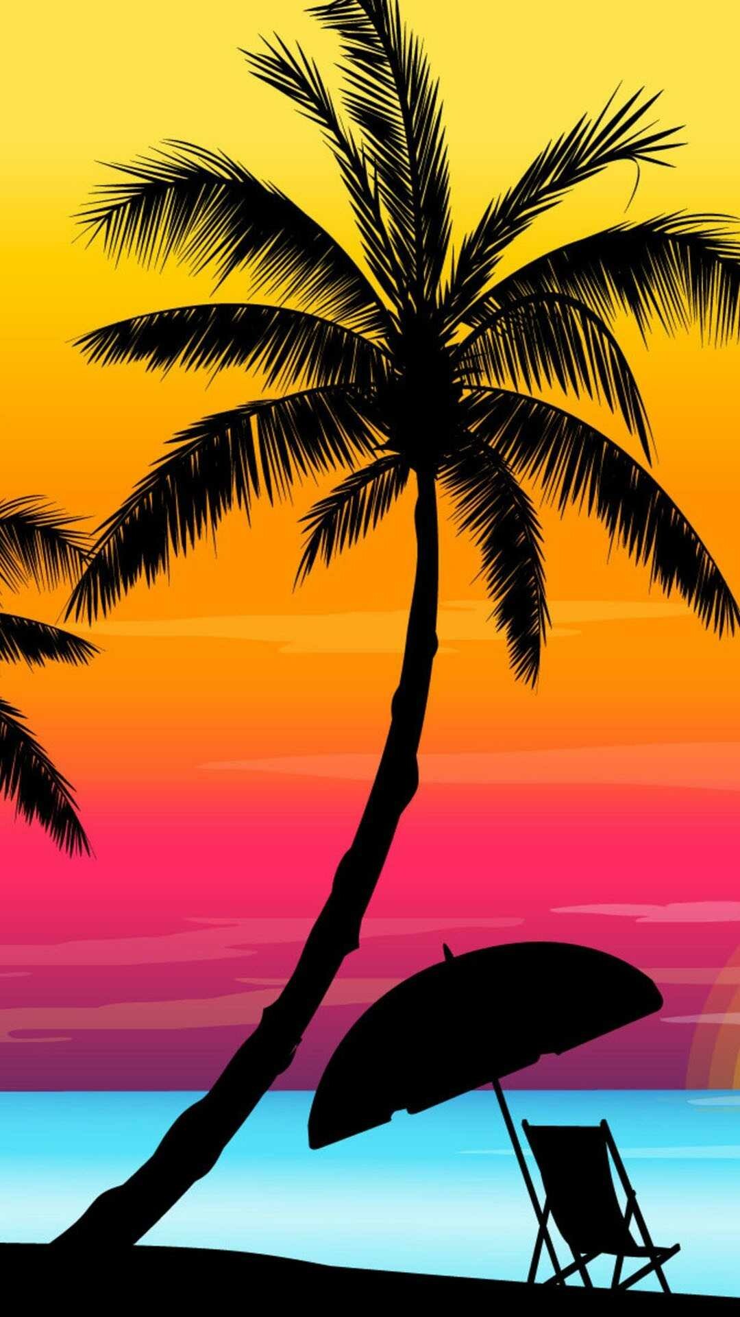 Palm tree silhouette, Beach umbrella chair, Tropical sunset gradient Palm tree silhouette, Beach umbrella chair, Tropical sunset gradient — 1080×1920 HD wallpaper