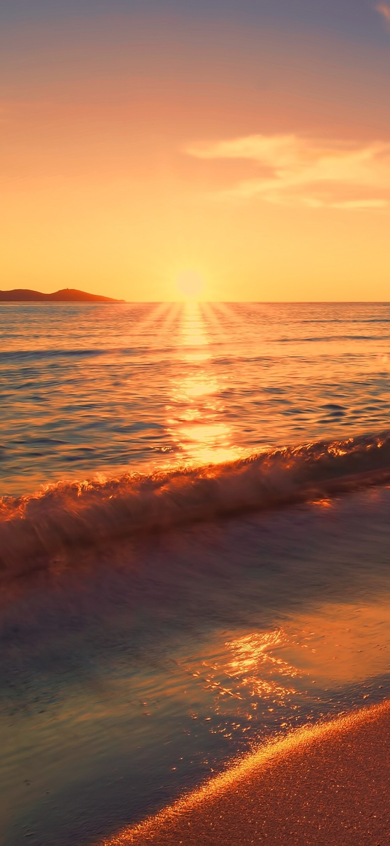 Sun on horizon, Breaking ocean wave, Golden beach sunset — 1242×2688 HD wallpaper