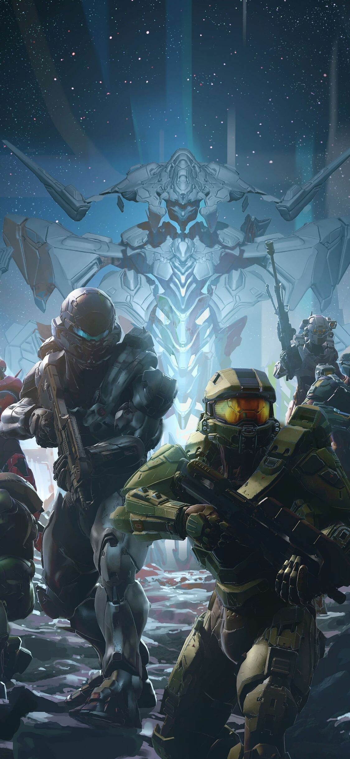 Master Chief, Blue Team Spartans, Forerunner Guardian construct, Aurora borealis sky Master Chief, Blue Team Spartans, Forerunner Guardian construct, Aurora borealis sky — 1125×2436 HD wallpaper
