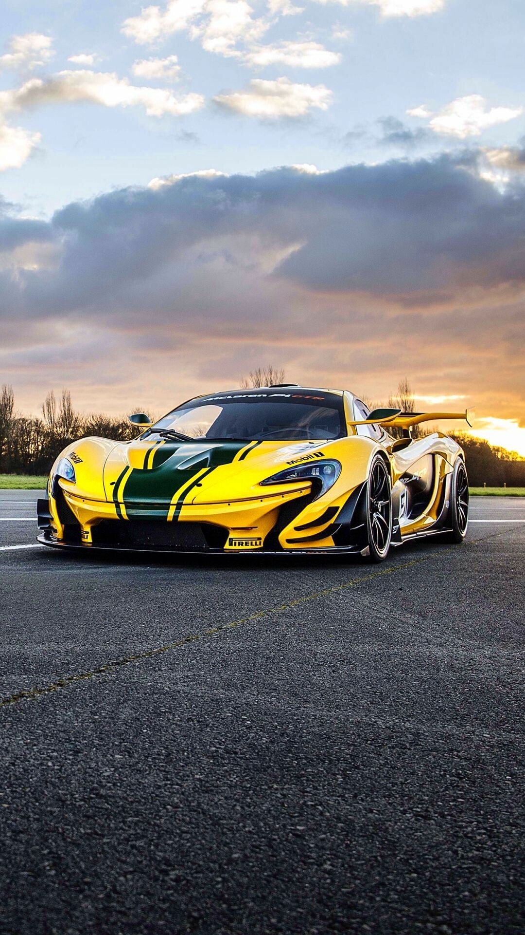 McLaren P1 GTR, Yellow green livery, Sunset track tarmac — 1080×1920 HD wallpaper