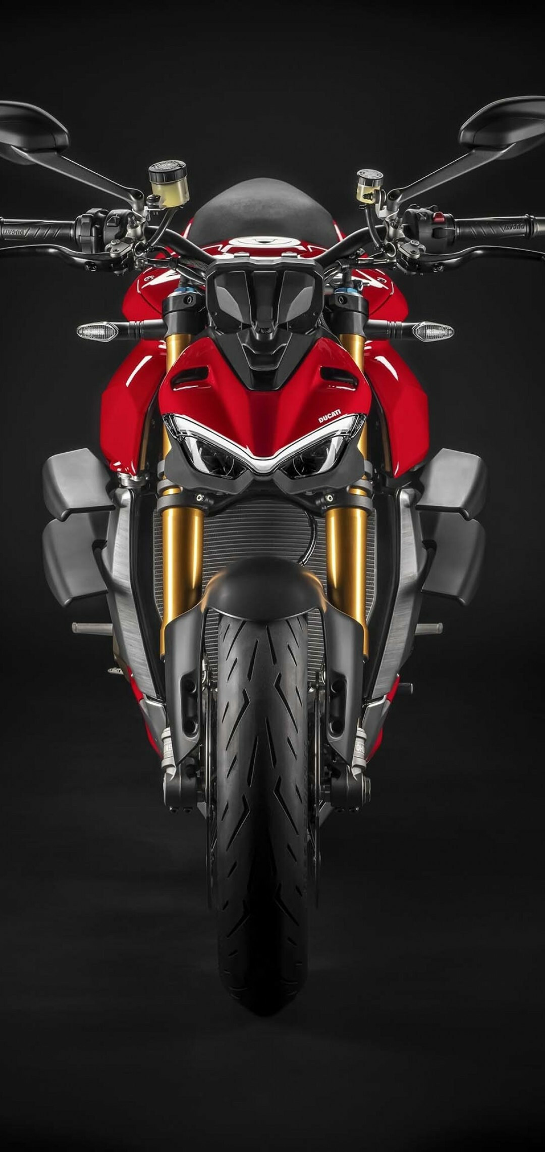 Ducati Streetfighter V4, Front-facing naked motorcycle, Black studio backdrop Ducati Streetfighter V4, Front-facing naked motorcycle, Black studio backdrop — 1080×2280 HD wallpaper