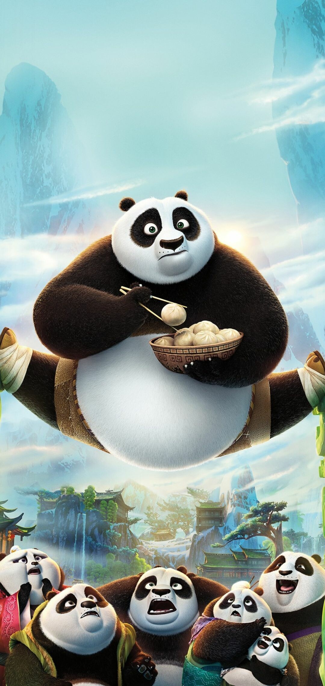 Po Kung Fu Panda, Dumpling bowl chopsticks, Panda village pagodas Po Kung Fu Panda, Dumpling bowl chopsticks, Panda village pagodas — 1080×2280 HD wallpaper