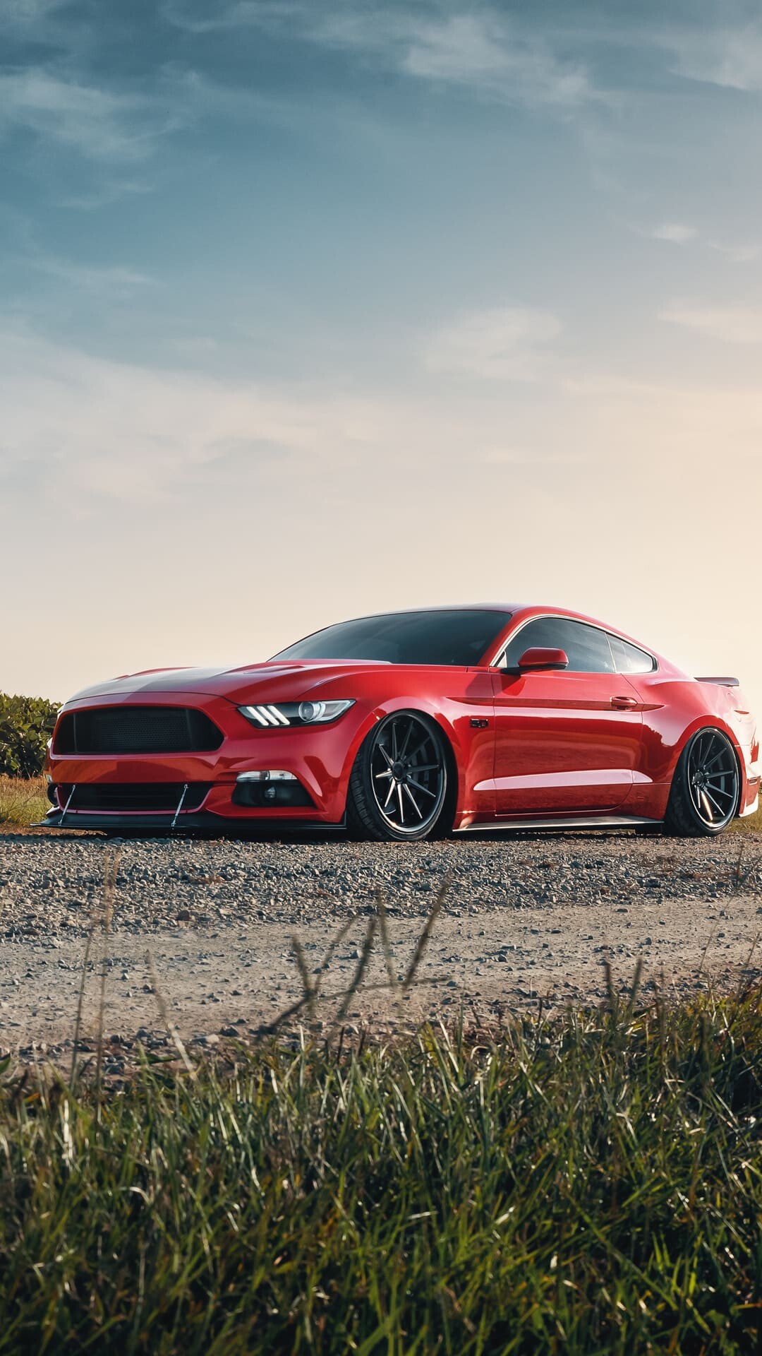 Red Ford Mustang GT, Gravel road field, Dusk cloudy sky Red Ford Mustang GT, Gravel road field, Dusk cloudy sky — 1080×1920 HD wallpaper