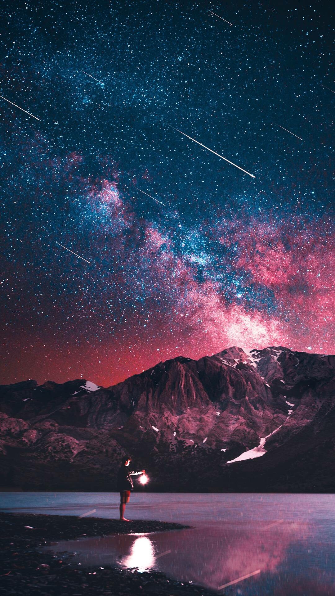 Milky Way meteor shower, Lone figure with lantern, Snow-capped mountain lake — 1080×1920 HD wallpaper