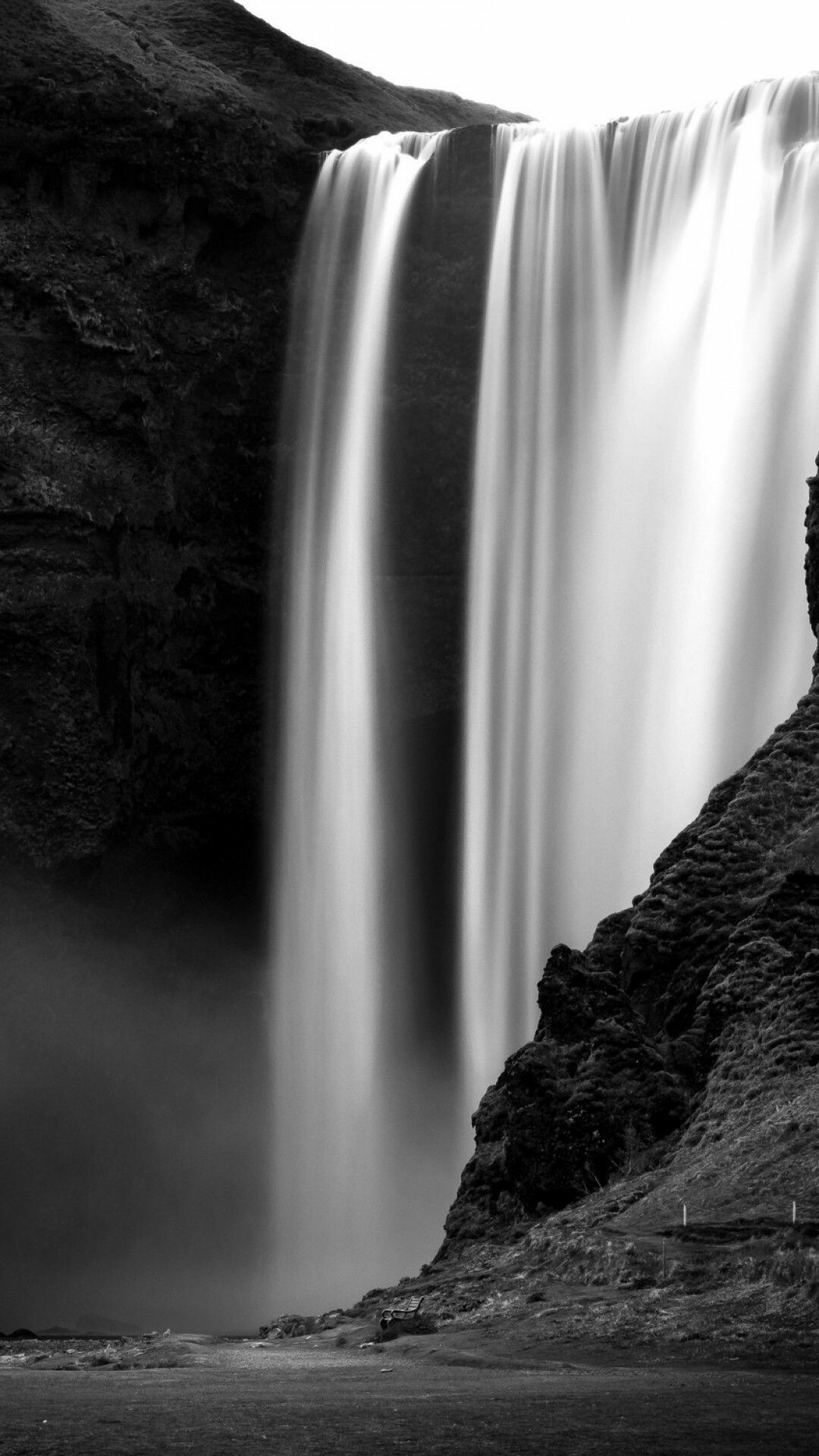 Skogafoss waterfall Iceland, Black basalt cliff, Misty long exposure monochrome Skogafoss waterfall Iceland, Black basalt cliff, Misty long exposure monochrome — 1080×1920 HD wallpaper