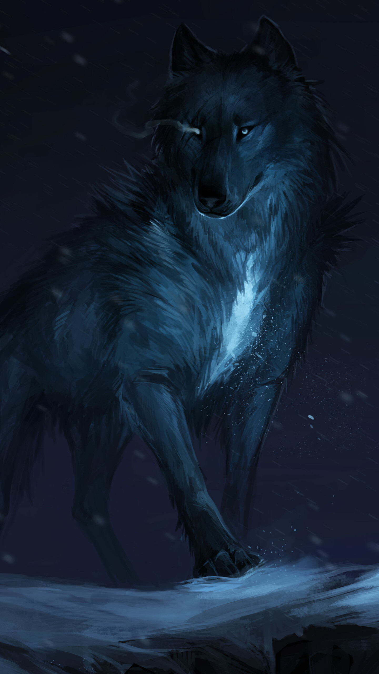 Black wolf painting, Snowy night cliff, Falling snowflakes Black wolf painting, Snowy night cliff, Falling snowflakes — 1440×2560 HD wallpaper