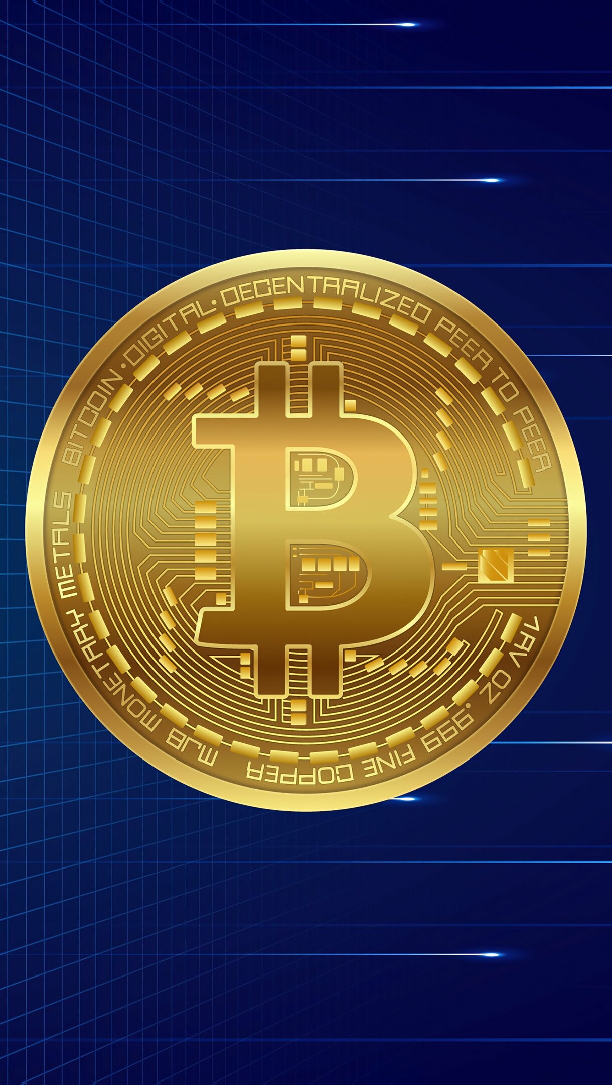 Golden Bitcoin coin, Decentralized Peer To Peer, Blue grid backdrop Golden Bitcoin coin, Decentralized Peer To Peer, Blue grid backdrop — 1220×2160 HD wallpaper